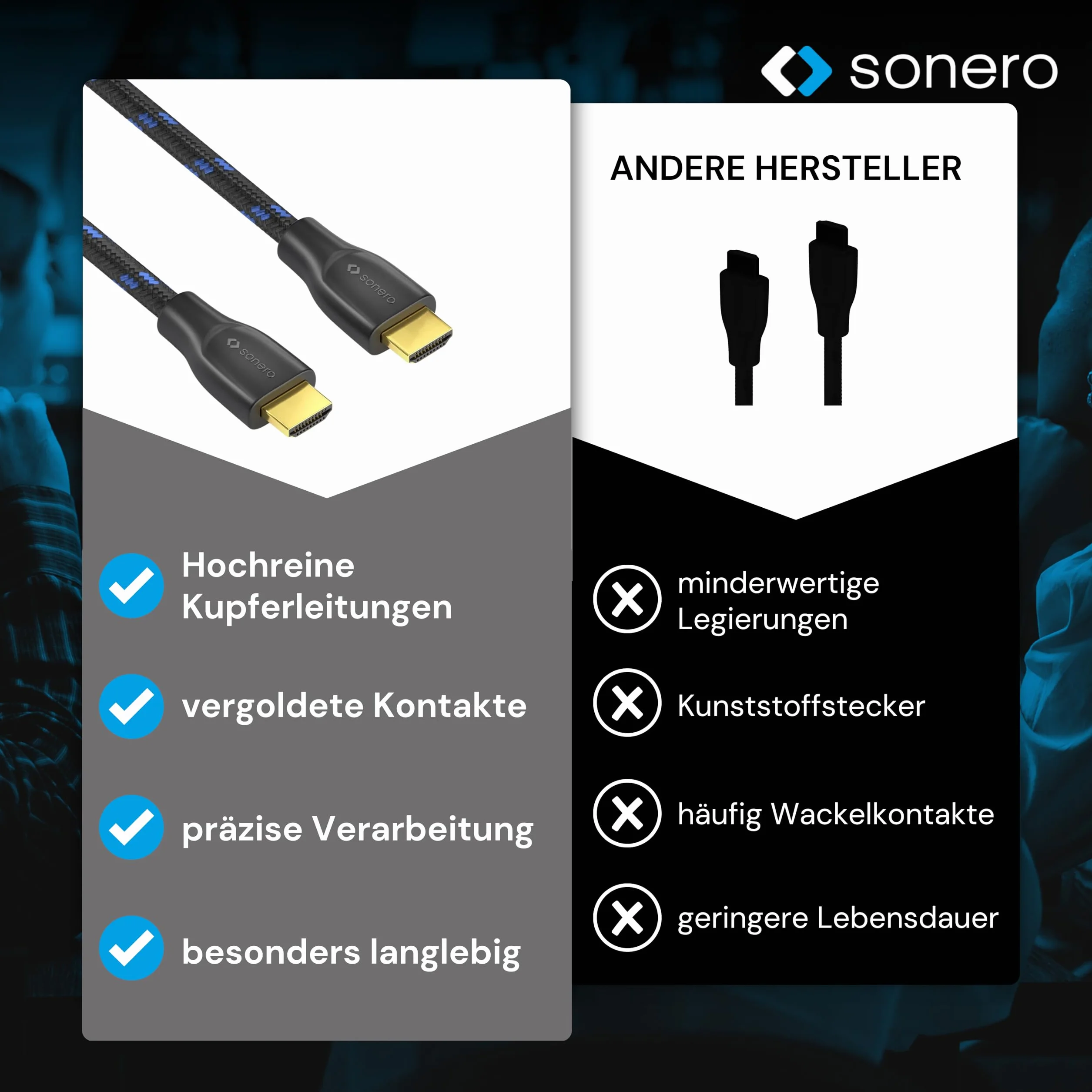 sonero PHC011-030 Premium certyfikowany kabel High Speed HDMI z Ethernetem z oplotem nylonowym, pozłacane złącza (4K UltraHD, 3D Full HD, 18 Gbps Full Bandwith, HDR High Dynamic Range), 3,0 m