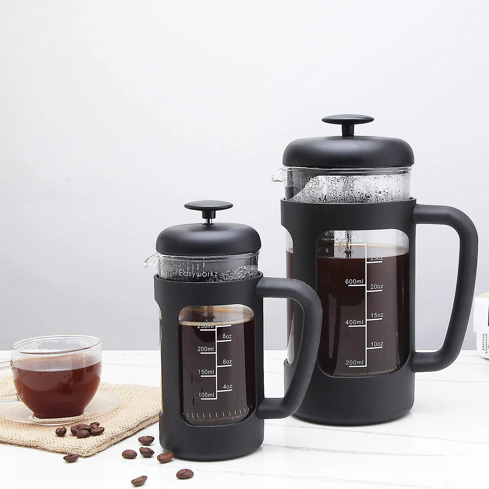 Easyworkz French Press Ekspres do kawy 350 ml, szkło borokrzemowe, antypoślizgowy uchwyt, czarny