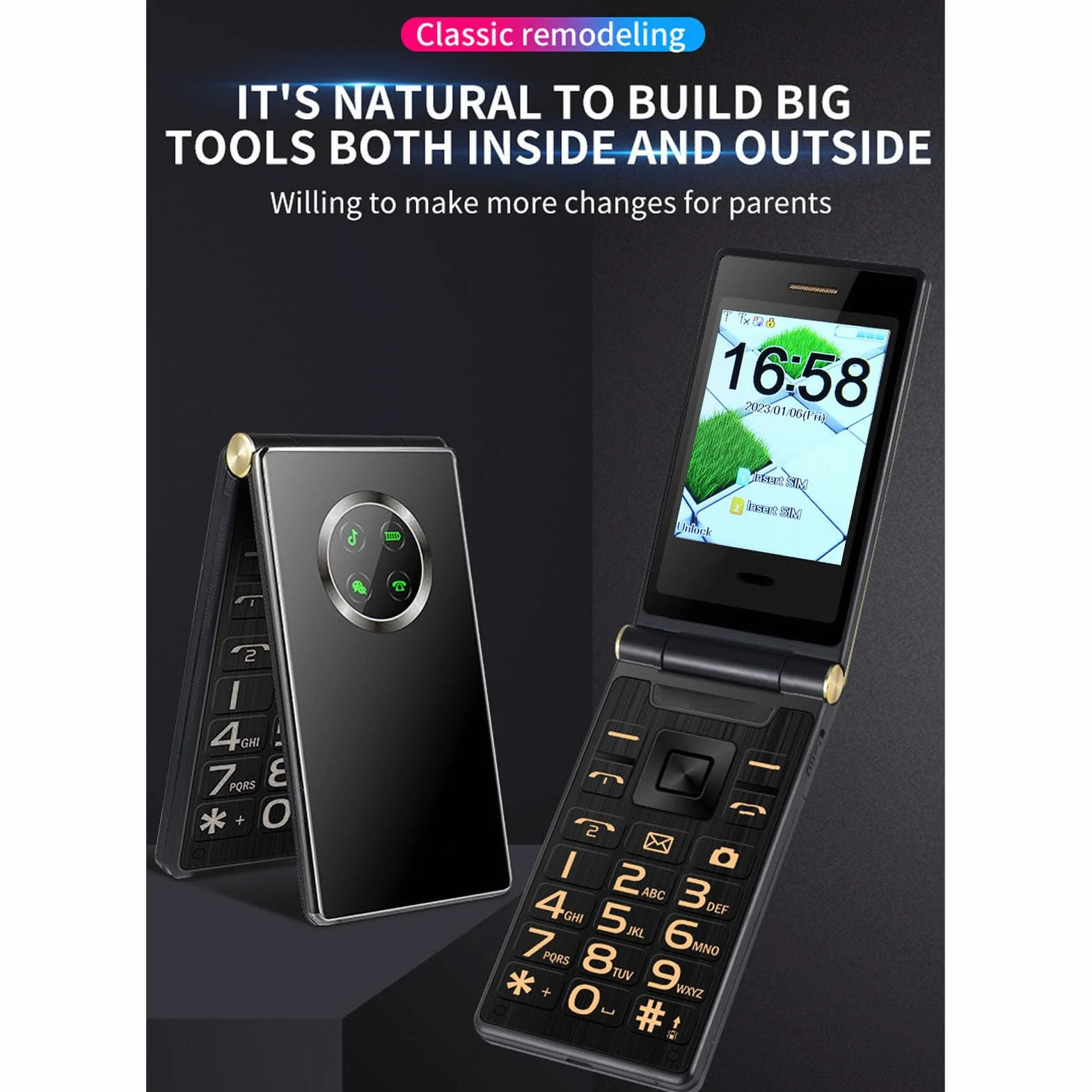 Składany Telefon dla Seniorów, Telefon Komórkowy z Dużymi Przyciskami dla Seniorów, Odblokowany Telefon 2G GSM Dual SIM Card Slots (Czarny)
