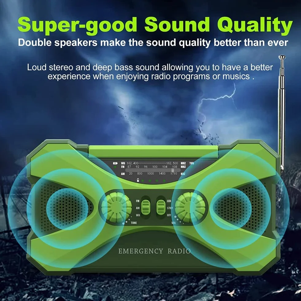 Radio awaryjne 10000MAh, radio z korbą solarną, przenośne radio z ładowarką do telefonu, zielona latarka LED