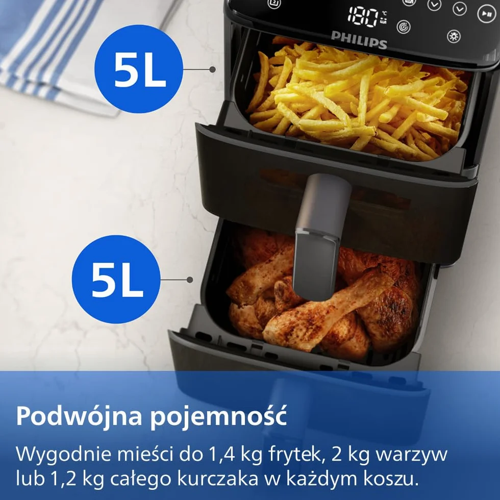 Philips Ovi z serii 4000 z podwójnym koszem 10L – Technologia RapidAir, Synchronizacja, 2 posiłki jednocześnie, 45% mniej miejsca na blacie, Powłoka ceramiczna bez PFAS, Okienka podglądu (NA460/00)