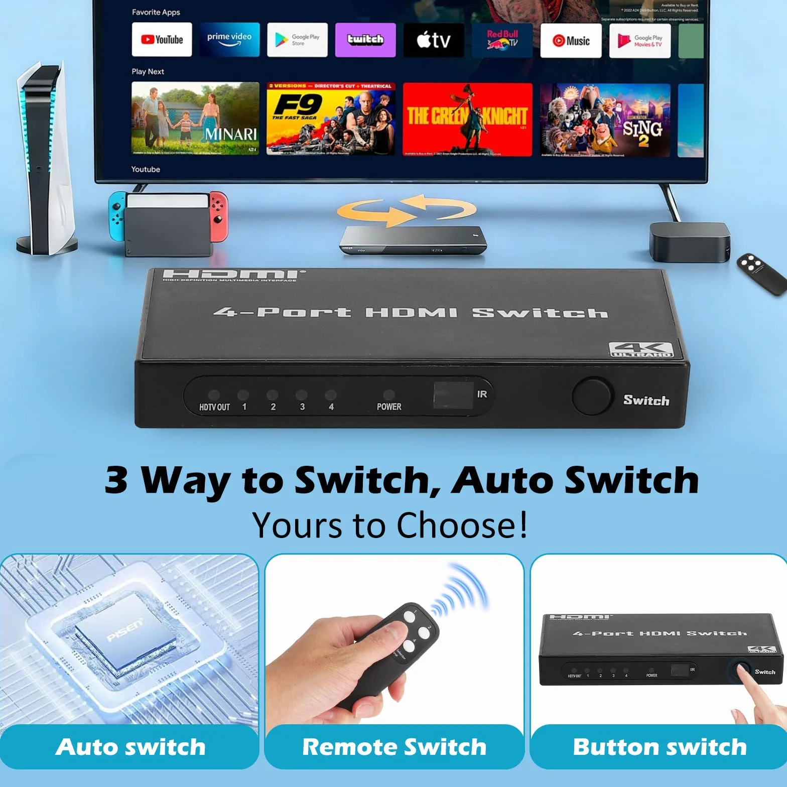 Przełącznik HDMI 4K 30 Hz, 4 K HDMI Switch 4 w 1, przełącznik HDMI z pilotem zdalnego sterowania, 4 porty HDMI Selector Box Support HDCP 1.4 HDR 3D, kompatybilny z PS5/4, Xbox, Apple TV, Skybox