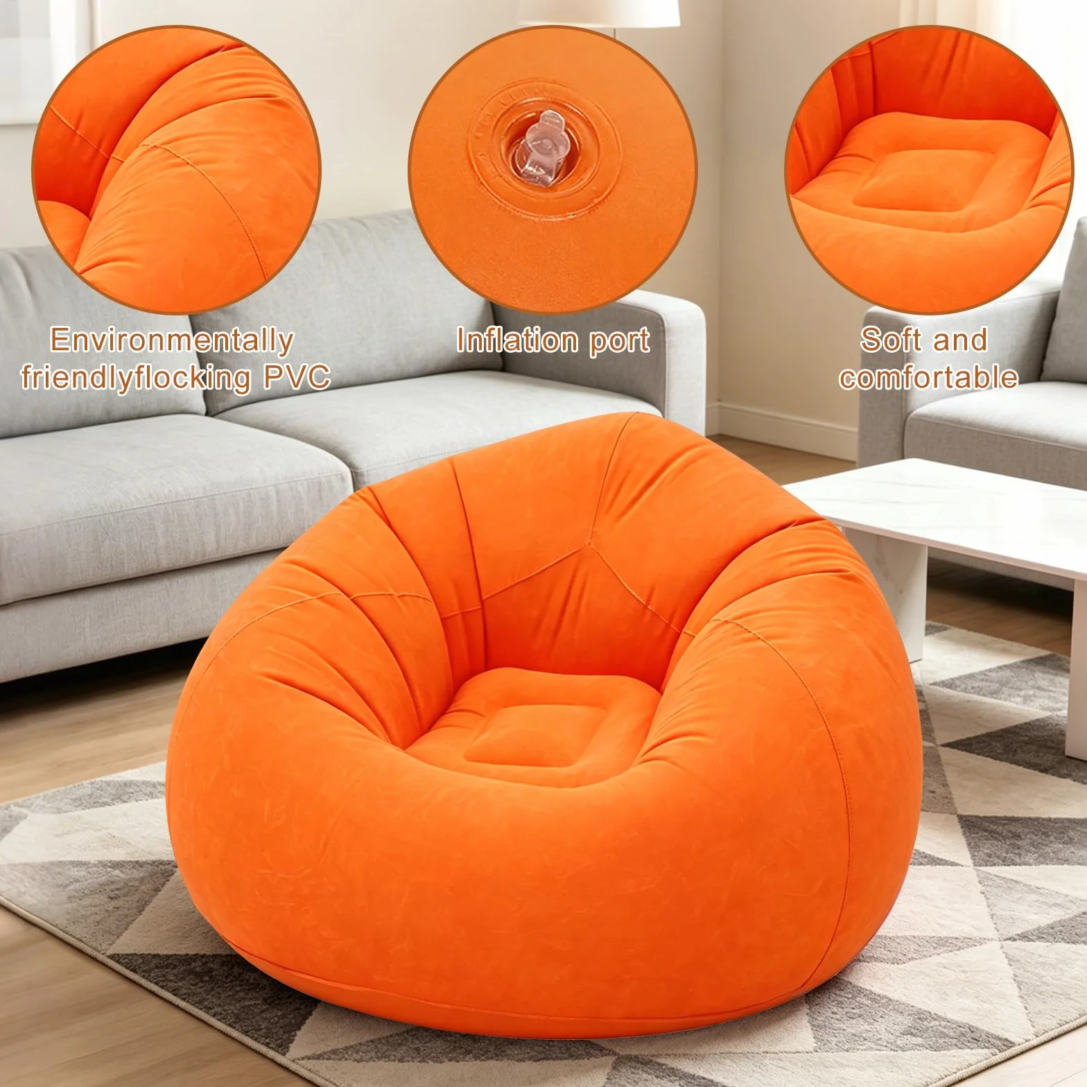 FARYODI Sofa dmuchana, nadmuchiwana kanapa, 105 x 105 x 60 cm, bardzo miękki fotel, bez wypełnienia ziarnami, szybko nadmuchiwany i przenośny, do salonu, ogrodu, na kemping (pomarańczowa)