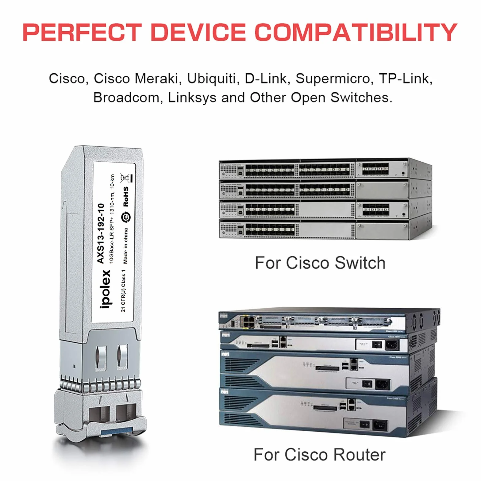ipolex Transceiver 10G SFP+, 10GBase-LR 1310nm 10km LC jednomodowy moduł mini-Gbic kompatybilny z Aruba HP J9150A / J9150D. 2-pak