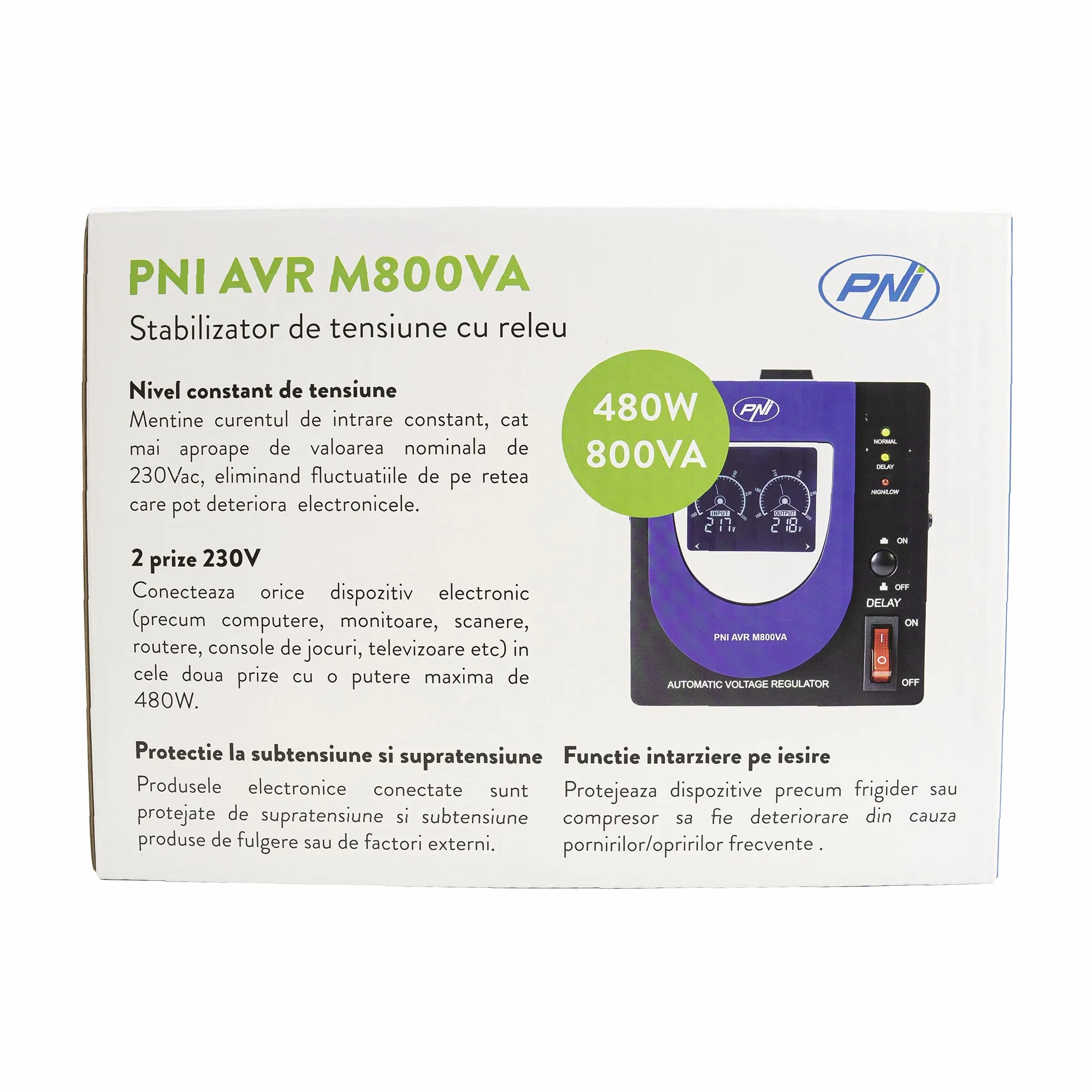 Stabilizator napięcia z przekaźnikiem PNI AVR M800VA, 2,2 A, 480 W, 800 VA regulator napięcia