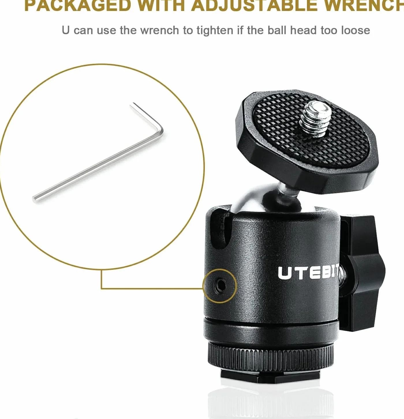 UTEBIT Zestaw 2 mini głowic kulowych z adapterem Hot Shoe Mount 1/4", obracana o 360 stopni, aluminiowa głowica kulowa do statywów jednonożnych lustrzanek cyfrowych HTC Vive Camcorder statywów