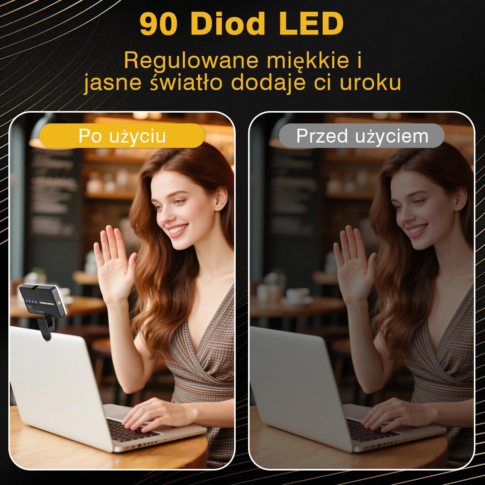 90 LED Przenośne światło Wypełniające z 3 Trybami świecenia i 10 Poziomami Jasności, CRI 95+ Akumulatorowe światło do Selfie o Mocy 1800mAh z Klipsem, do Telefonu, Laptopa, Aparatu