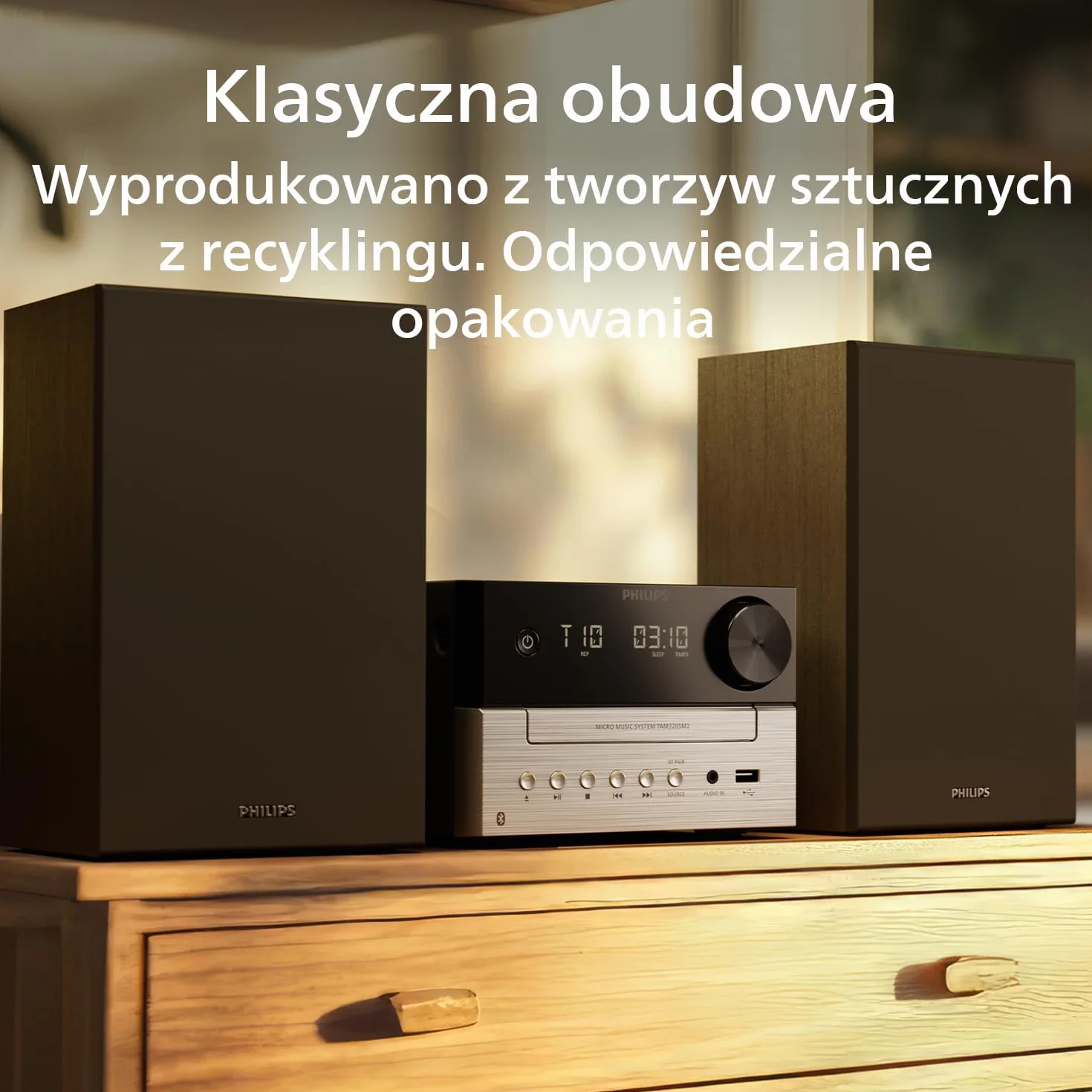 Philips Audio Mikrowieża hifi TAM3205M2, funkcja Bluetooth, odtwarzacz CD, USB, funkcja Auracast Radio FM, produkt w 85% wykonany z tworzywa sztucznego pochodzącego z recyklingu