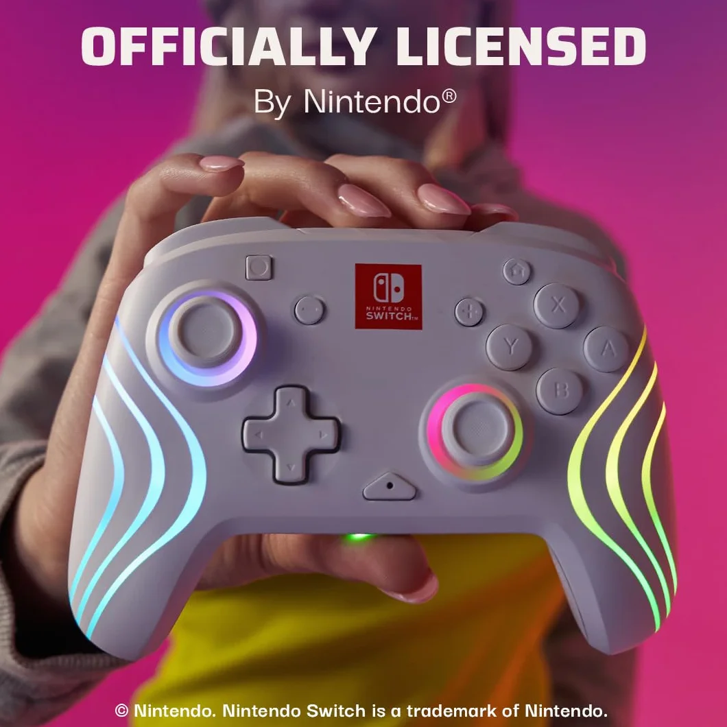PDP Afterglow Wave Wireless Pro Controller for Nintendo Switch OLED, 8 RGB LED Zones, 30ft Range, 20H Battery White
