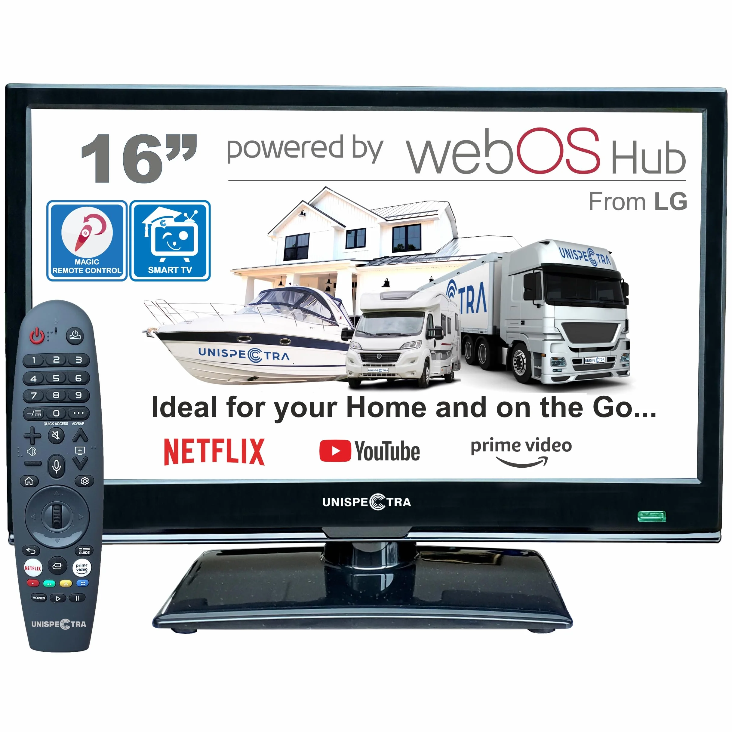 Unispectra ® 16” Smart TV (webOS) Full HD 230V 12V 24V potrójny tuner, 3x HDMI, 2x USB, pilot Magic. Telewizor 12 V do samochodów kempingowych, przyczep kempingowych, ciężarówek, łodzi