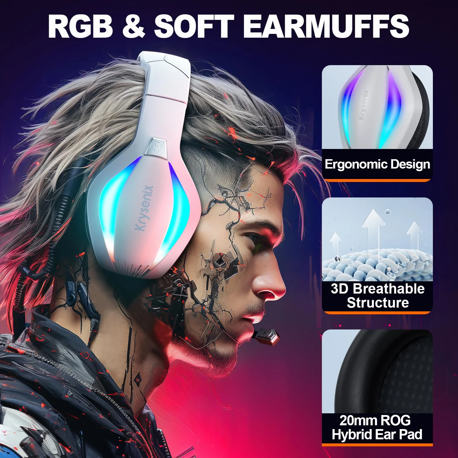 Krysenix PG1 Zestaw Słuchawkowy do Gier z Mikrofonem do PS4/PS5/PC/Xbox, Xbox One ze Światłem RGB, Gniazdem 3,5 mm, Biały