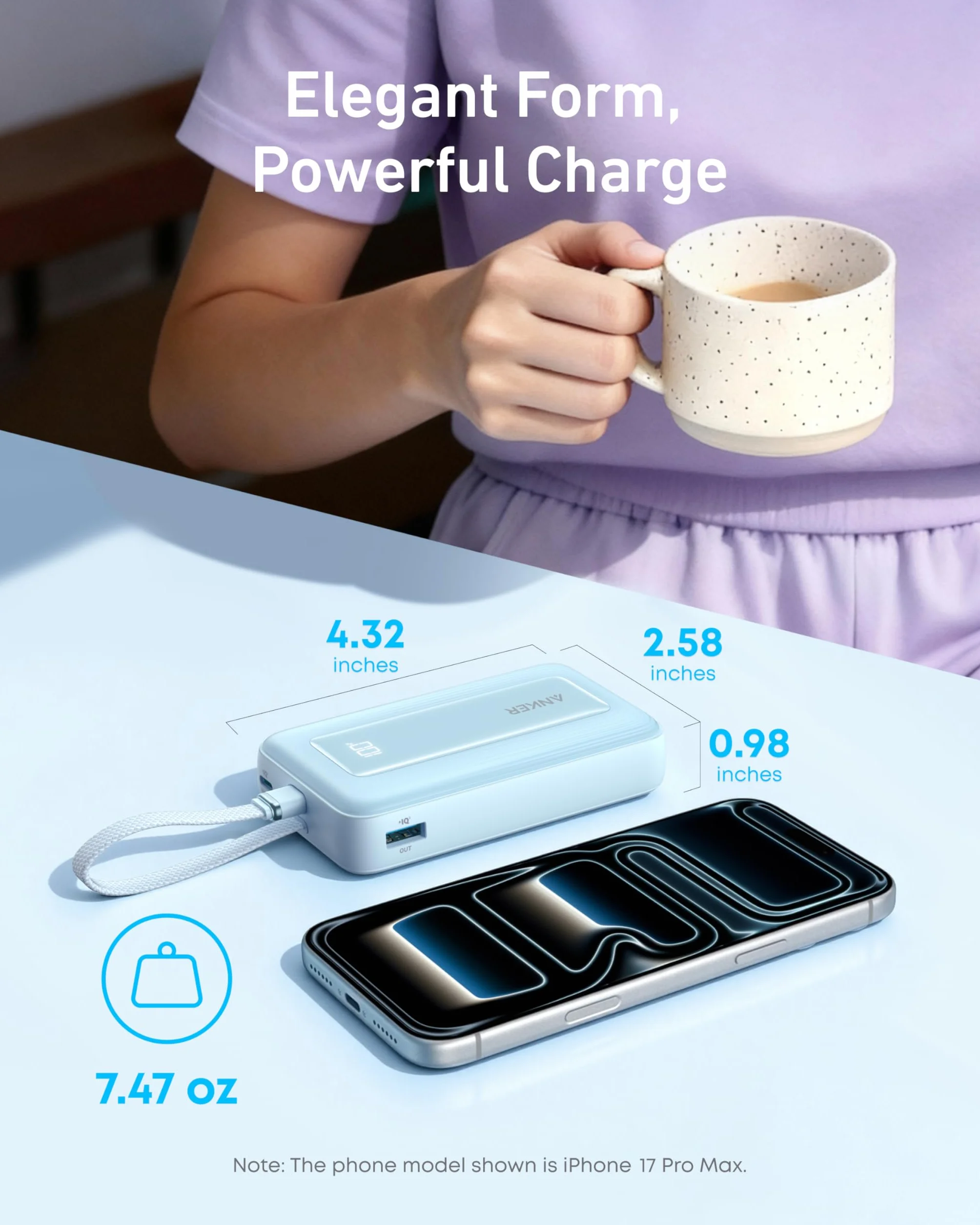 Powerbank Anker Zolo, 10 000 mAh 30 W, szybka przenośna ładowarka z wbudowanym kablem USB-C, akumulator do szybkiego ładowania dla serii iPhone 16, Galaxy, iPad i innych (różowy)