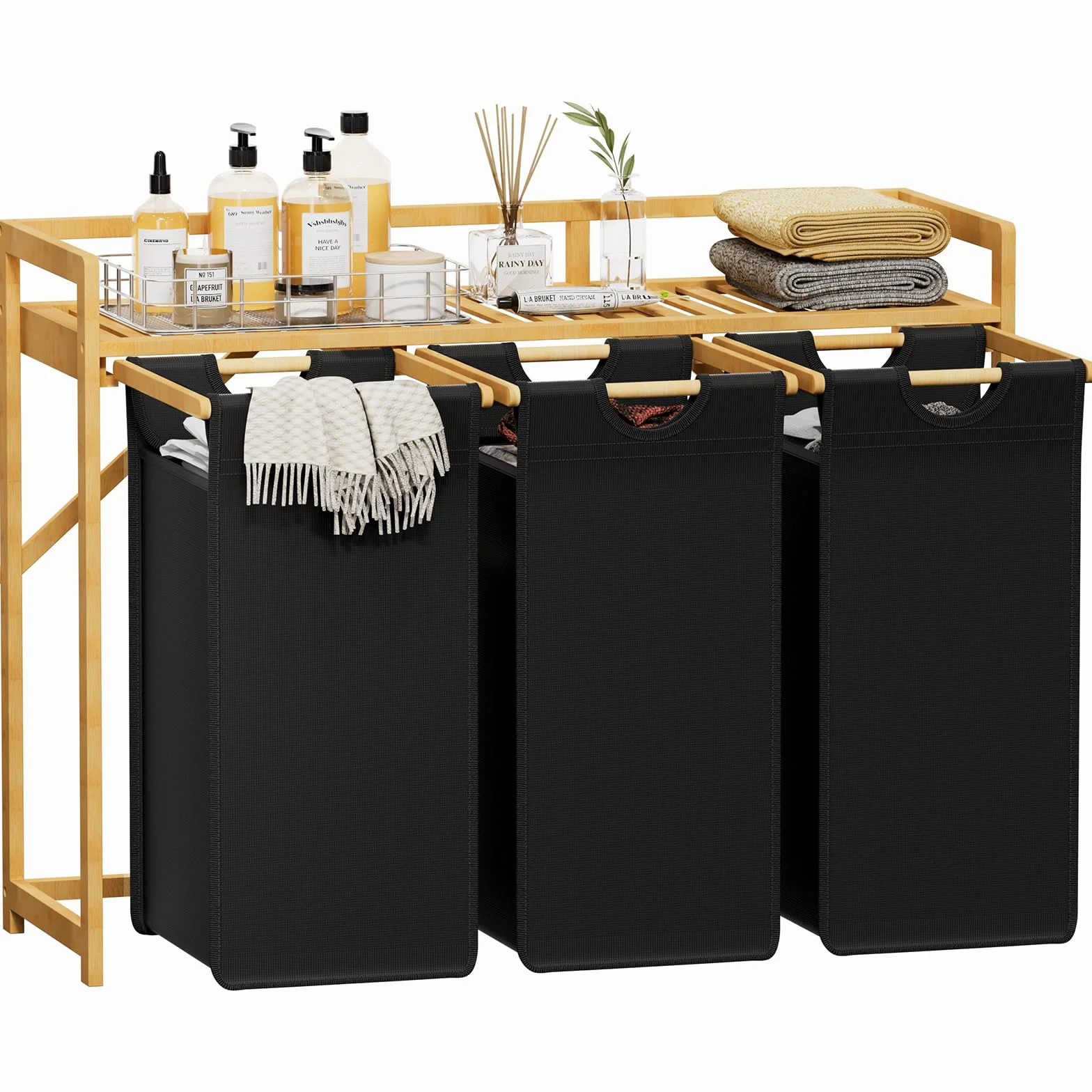 Lifewit Kosz na pranie z bambusową ramą, 150 l, z 3 przegródkami, zdejmowany pojemnik na pranie, bambusowy, 96, 2 x 33,4 x 72 cm, czarny