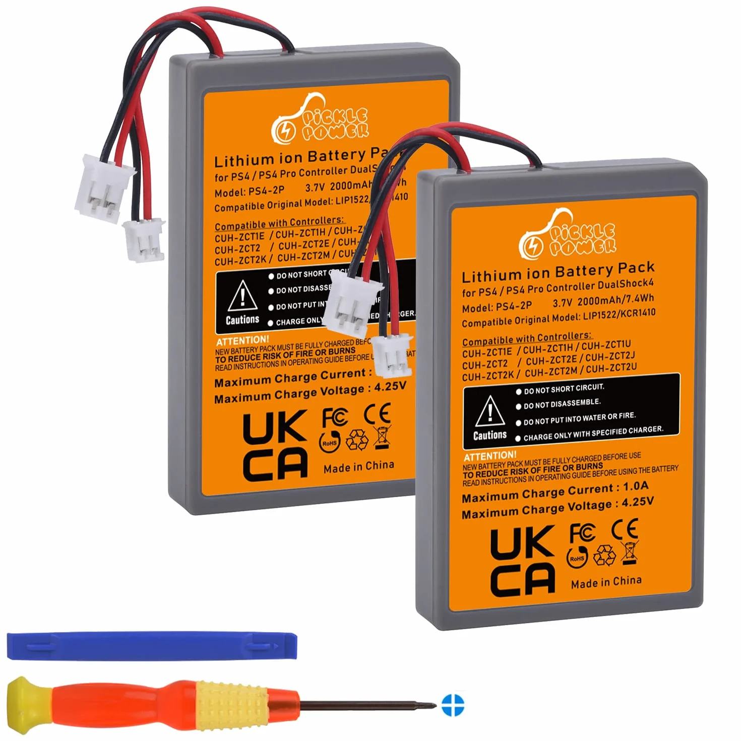 Akumulator do kontrolera PS4, Pickle Power 2 x 2000mAh Akumulatory do PS4 Pro dla Sony PlayStation 4 Dualshock 4 V1 V2 kontroler CUH-ZCT2 CUH-ZCT2E CUH-ZCT1E CUH-ZCT1U z narzędziami