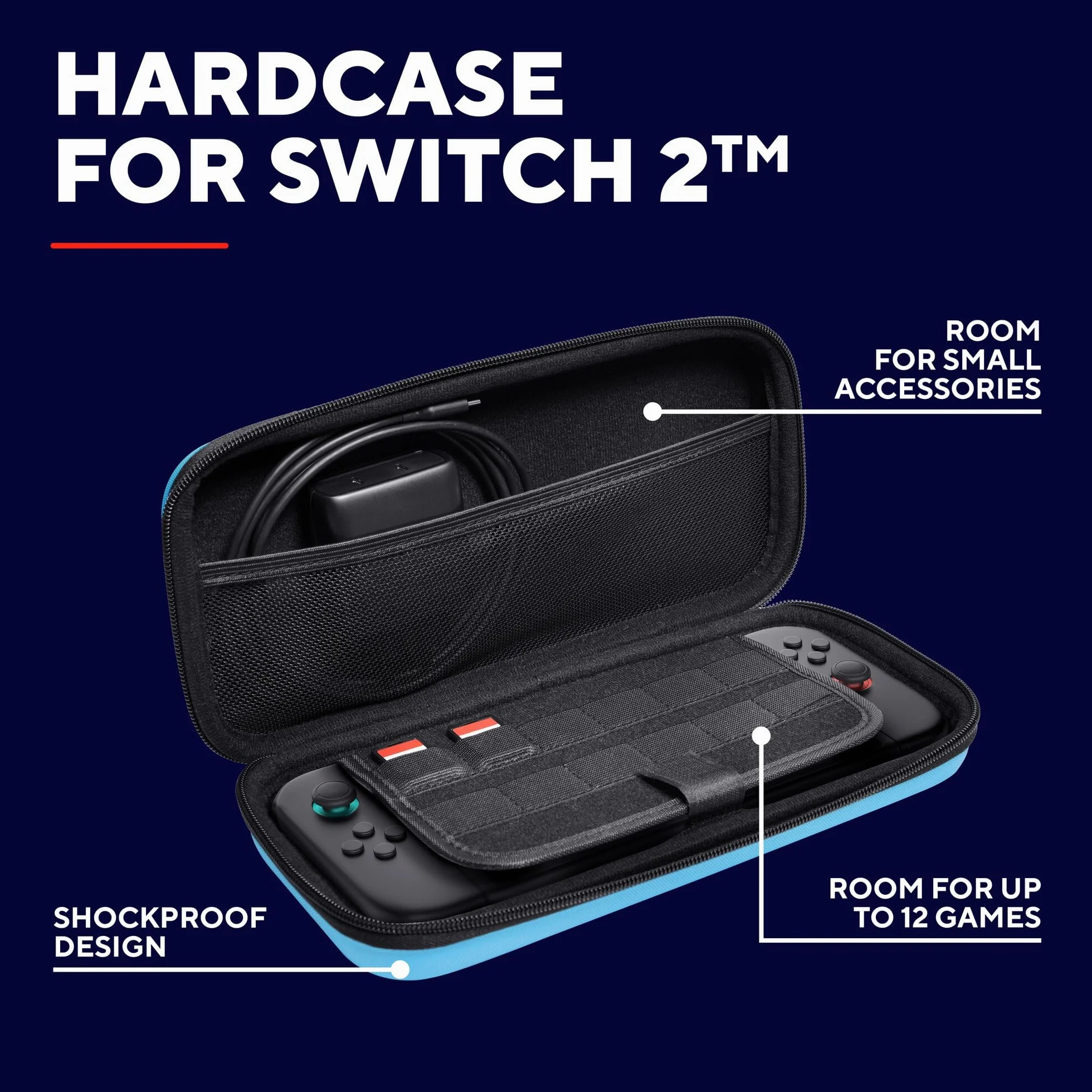 GXTrust 1251B Nintendo Switch 2 Case, odporna na wstrząsy ochronna obudowa, uchwyt, miejsce na 4 Joycon, uchwyt Nintendo Switch z kieszeniami na paski i 12 gier, niebieski