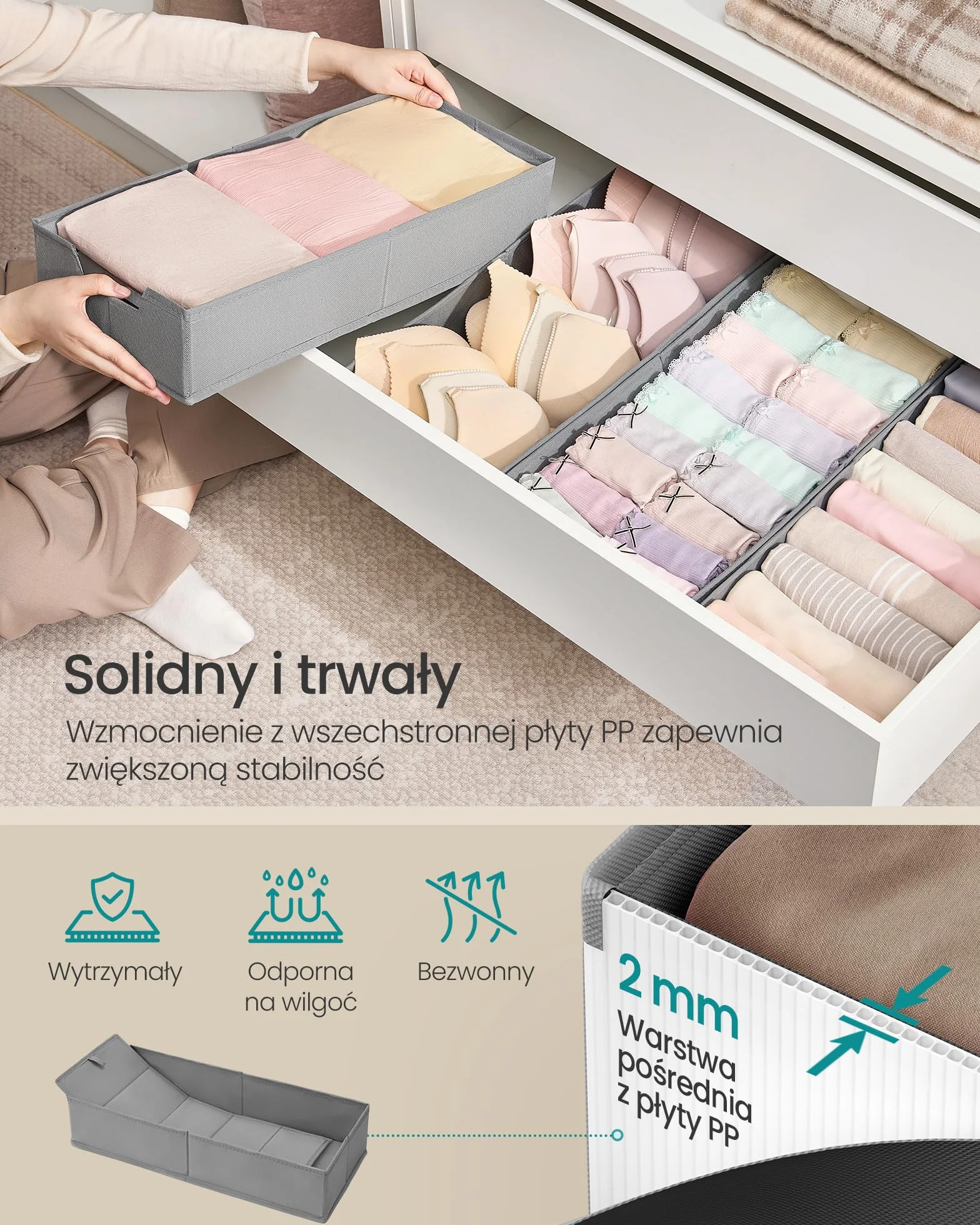 SONGMICS Zestaw organizerów na bieliznę 4 szt., organizer do szuflady do szafy IKEA PAX, bez przegródek, składany organizer do szafy, 50 x 22 x 10 cm na skarpetki, gołębi szary RUS013G01