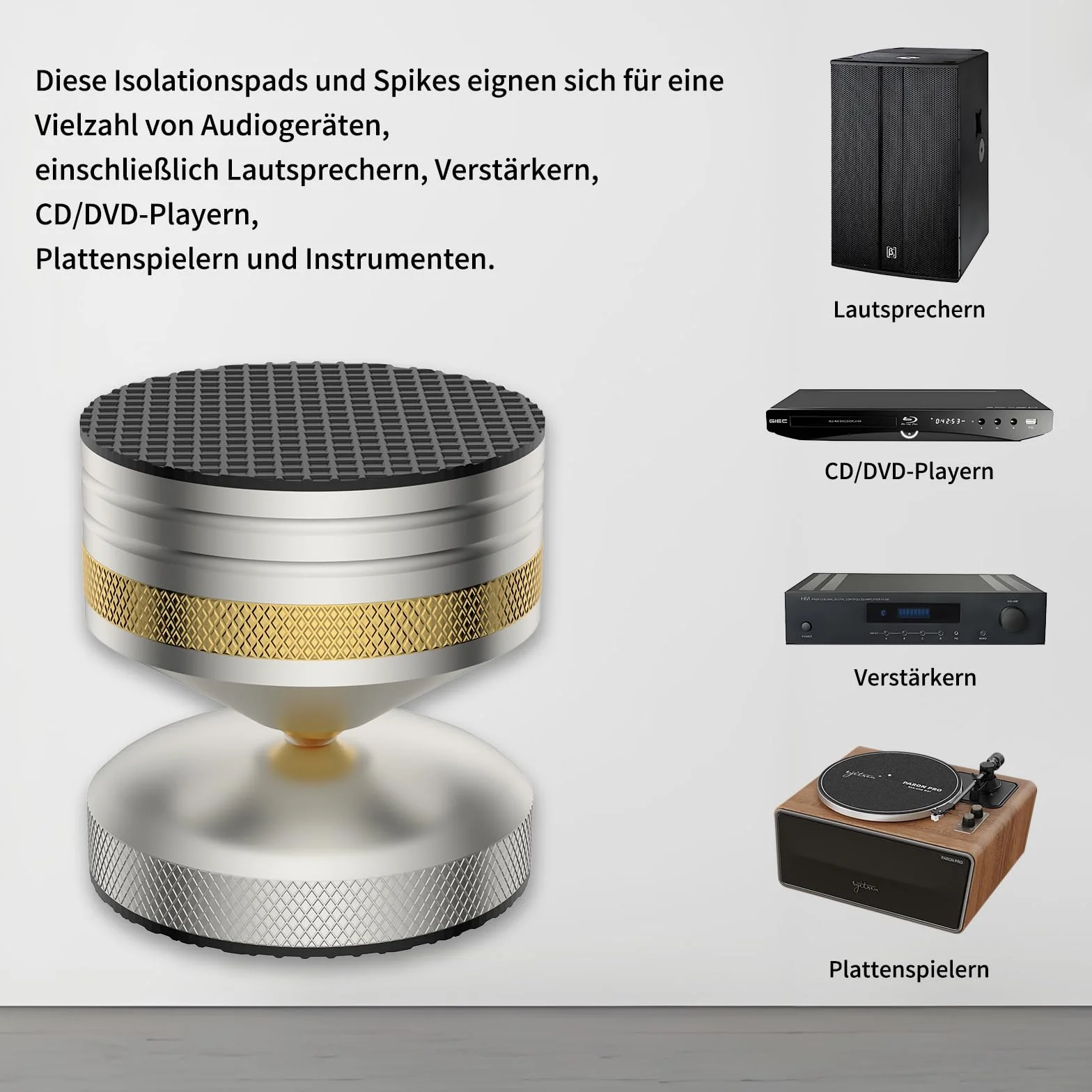 Tertullus 4 sztuki HiFi nóżki izolacyjne 39 x 33 mm, aluminiowe podkładki izolacyjne, stojak na głośniki, amortyzatory z regulacją wysokości, do wzmacniaczy, gramofonów, urządzeń DAC, kolor srebrny