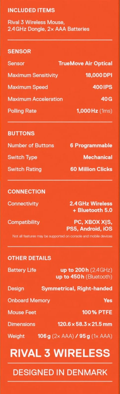 SteelSeries mysz do gier Rival 3 Wireless Gen 2 – 2,4 GHz i Bluetooth – Sensor optyczny TrueMove Air 18 000 DPI – Wytrzymała do 60 milionów kliknięć – Niska waga – Ślizgacze 100% PTFE - Czarna