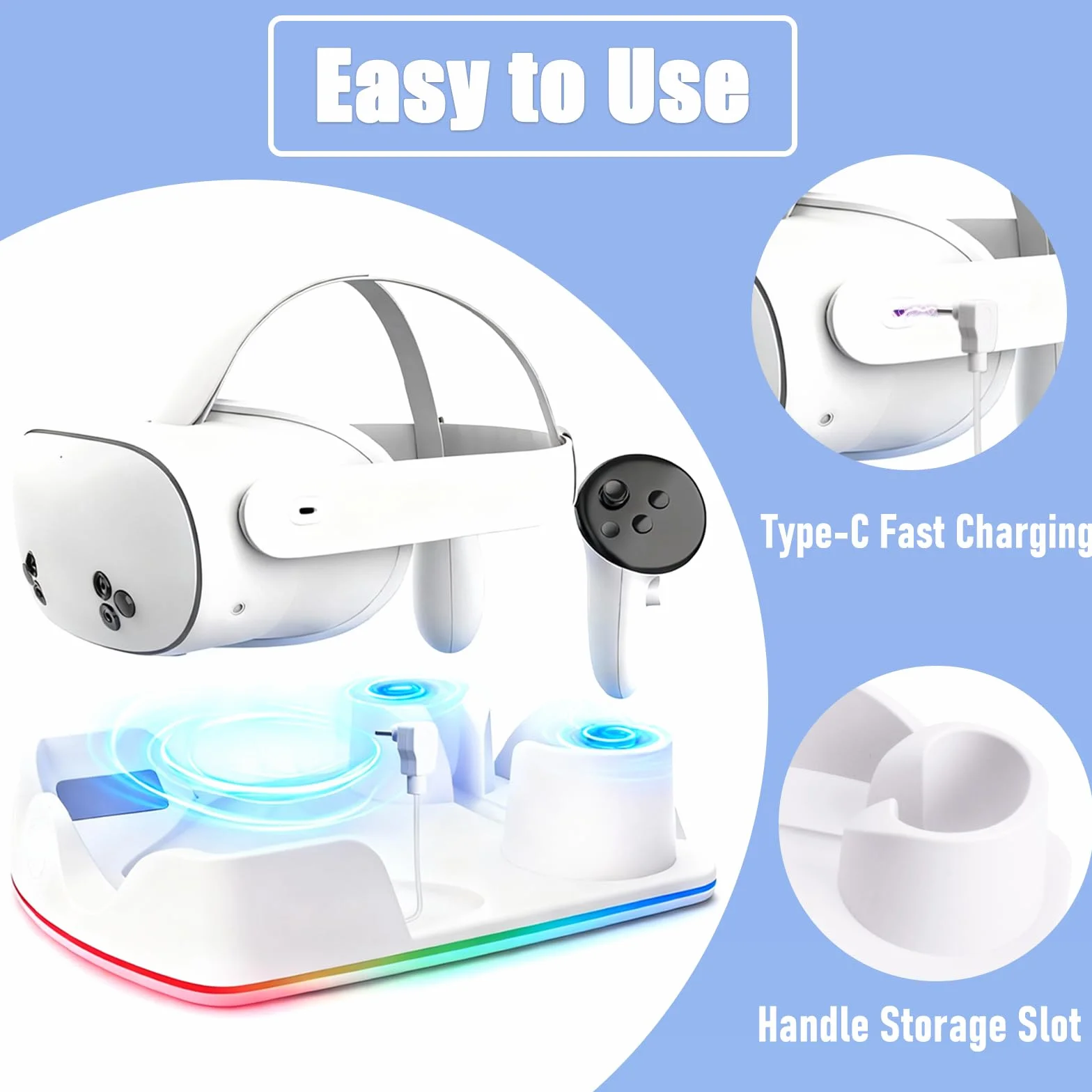Stacja ładująca kompatybilna z Meta Quest 2/3/3S, stacja dokująca do szybkiego ładowania z oświetleniem RGB do kontrolera, ładowarka z USB C szybkie ładowanie do zestawu słuchawkowego VR i