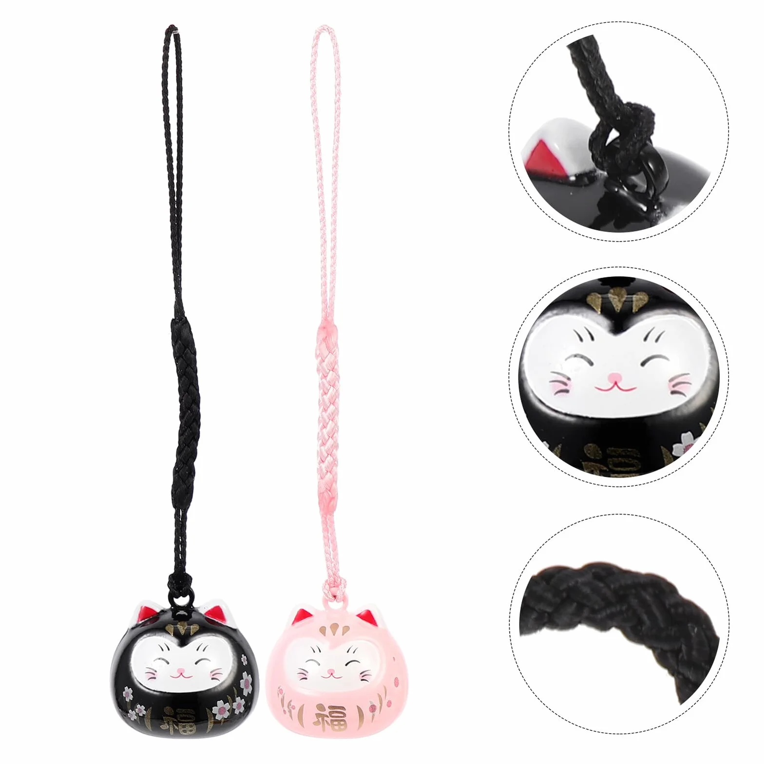 2 Szt. Zawieszek Dzwonków Maneki Neko Kształcie Kota Szczęścia Brelok DIY z Trwałego Materiału Dekoracja Telefon i Torbę Różowy i Czarny Odporny Uszkodzenia