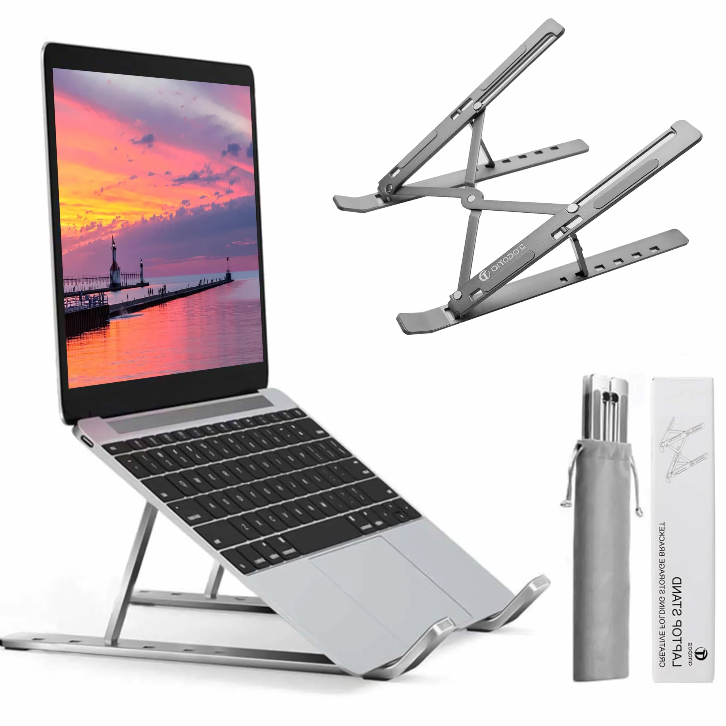 AiTodos® Stojak na Laptopa 8–16 Cali – Regulowany w 6 Pozycjach, Składany i Ergonomiczny, Antypoślizgowa, Stop Aluminium, Kompatybilny z MacBook Pro/Air, Dell, HP (Szary)