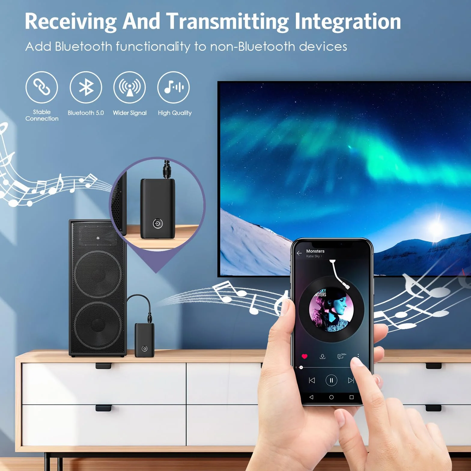 Adapter audio Bluetooth 5.0, odbiornik Bluetooth 2 w 1, adapter AUX do słuchawek, niskie opóźnienia i redukcja szumów, odbiornik HiFi do kanału stereo, samochodu, telewizora