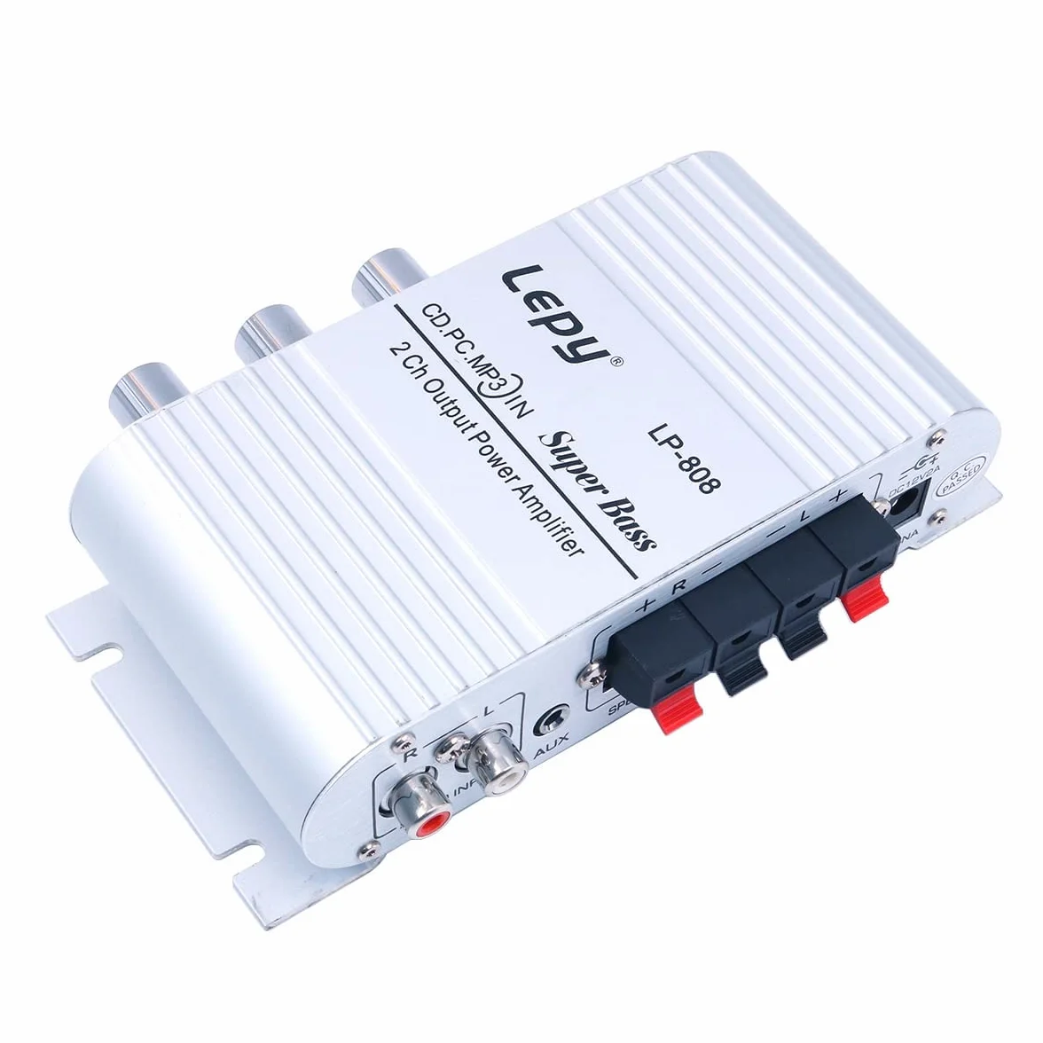 DollaTek LP-808 12 V MiNi przenośny przewodowy wzmacniacz HiFi z zasilaczem 3A do telefonu samochodowego w domu - srebrny