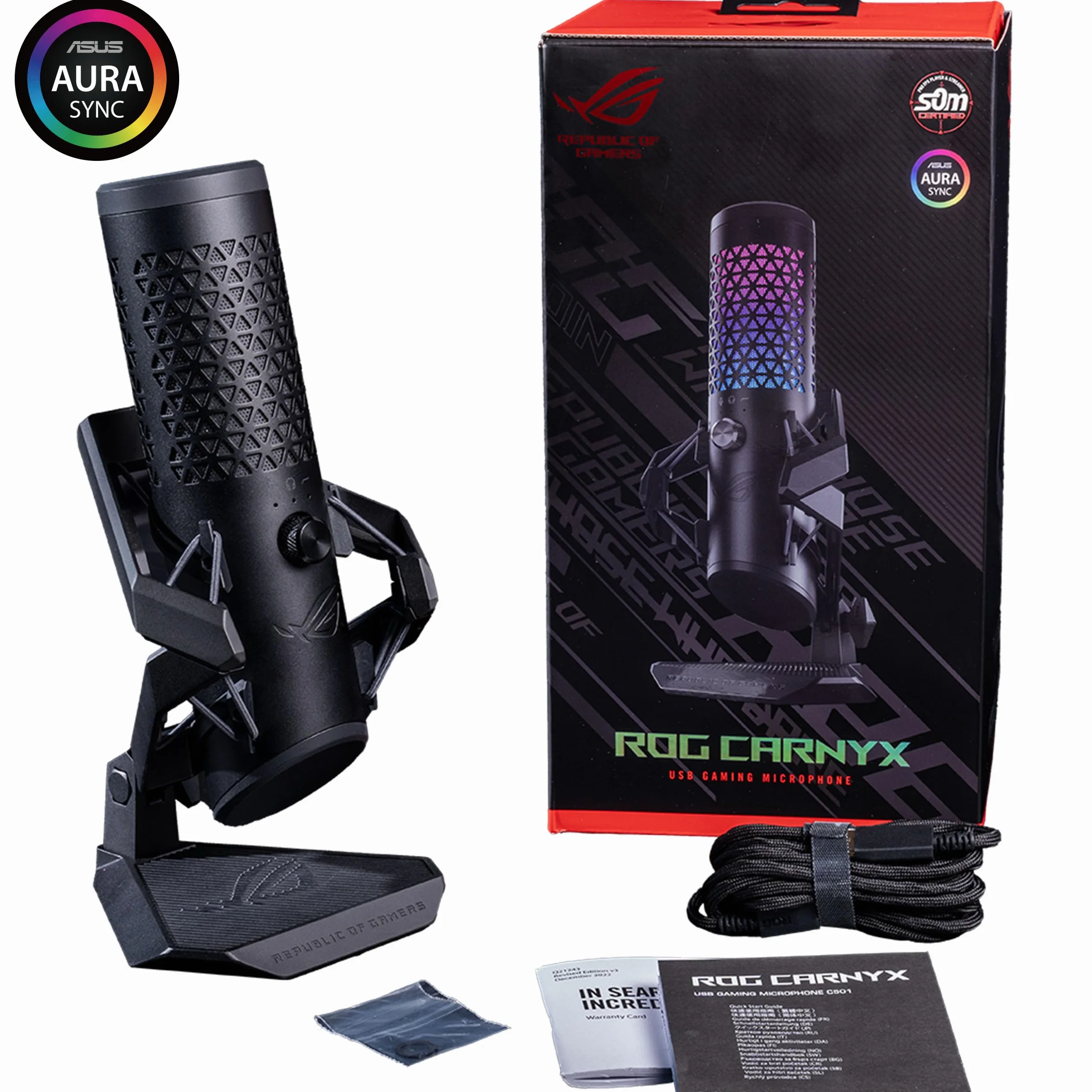 ASUS ROG Carnyx RGB mikrofon kondensatorowy do gier, streamingu i podcastów, kapsuła kondensatora 25 mm, częstotliwość próbkowania 192 kHz / 24-bitowa, filtr górnoprzepustowy, filtr pop, metalowy