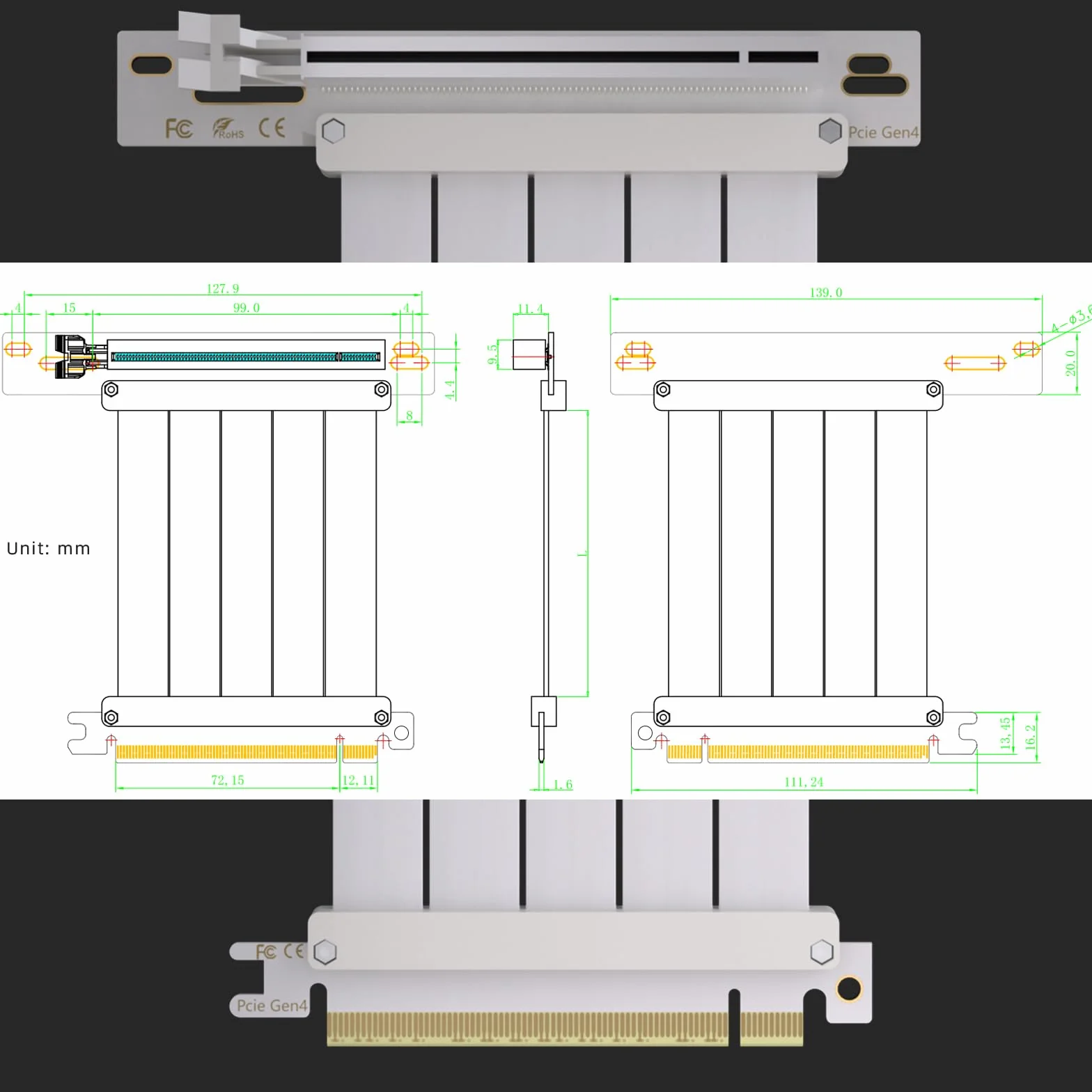 GLOTRENDS 250 mm PCIe 4.0 X16 Kabel riser w kolorze białym do kart graficznych PCIe 4.0/3.0, takich jak GeForce RTX 40/30 Series i AMD Radeon RX7000/RX6000 Series itp.