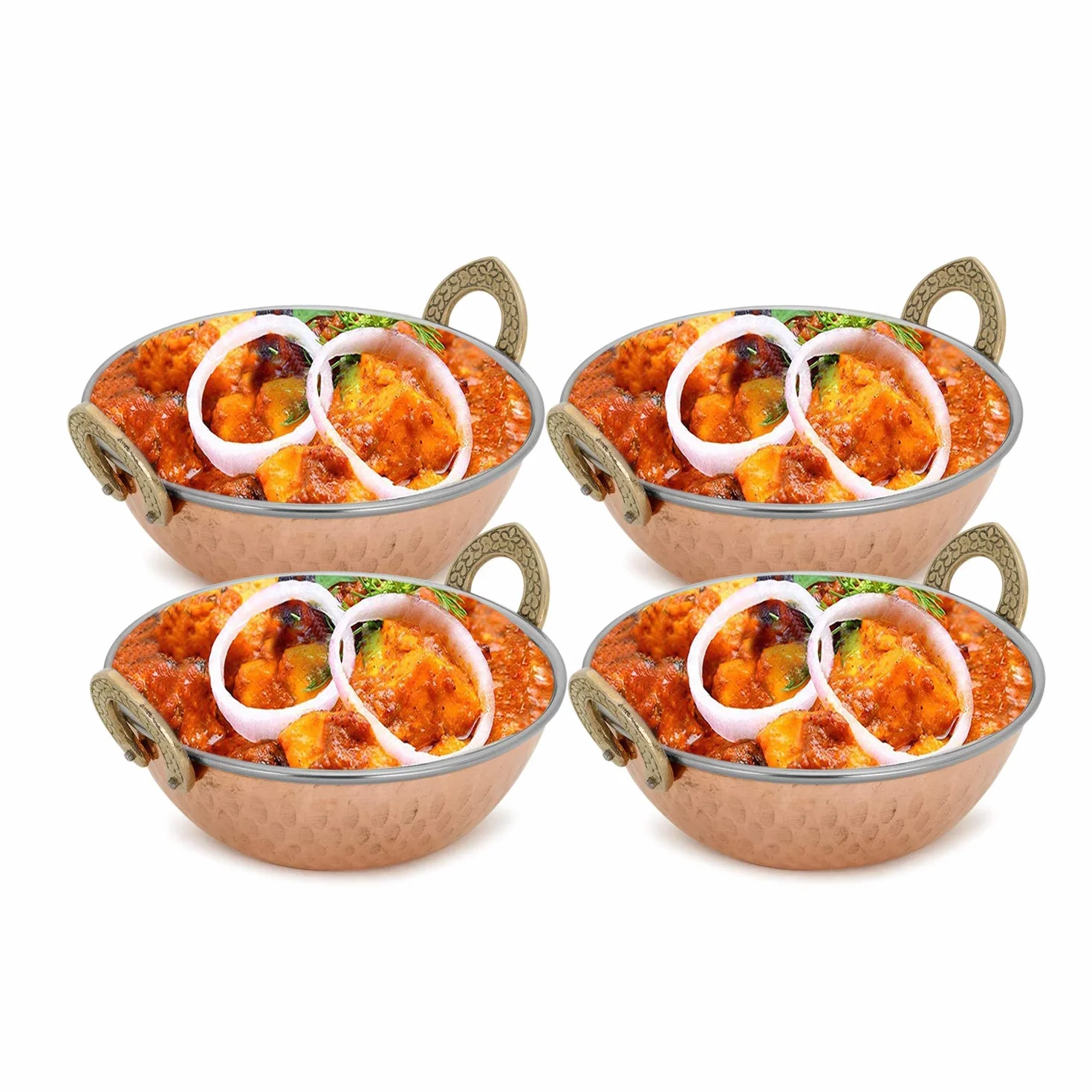 Zap Impex indyjska miedź młotkowana miska do serwowania ze stali nierdzewnej, do dań indyjskich i curry, Karahi, 4 szt