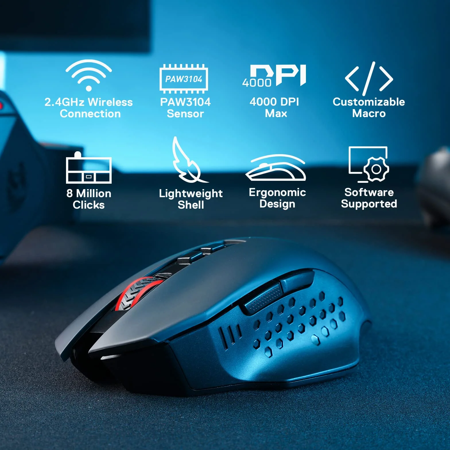 Redragon M656 Gainer bezprzewodowa mysz do gier 4000 DPI 2,4 GHz 5 poziomów DPI 7 przycisków makro czerwone podświetlenie LED