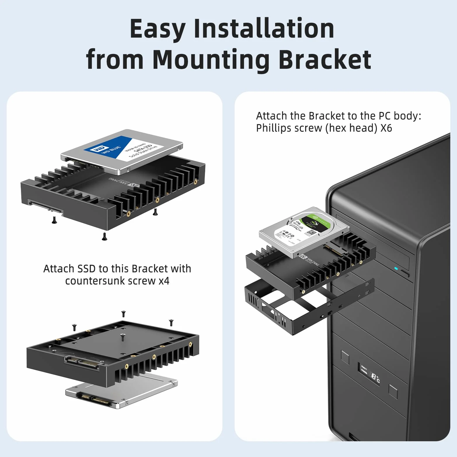 Adapter dysku twardego 2,5" na 3,5", SANZANG 2,5 na 3,5 SATA HDD SSD uchwyt montażowy konwerter z interfejsem SATA III do 7/9,5/12,5 mm 2,5 cala HDD/SSD