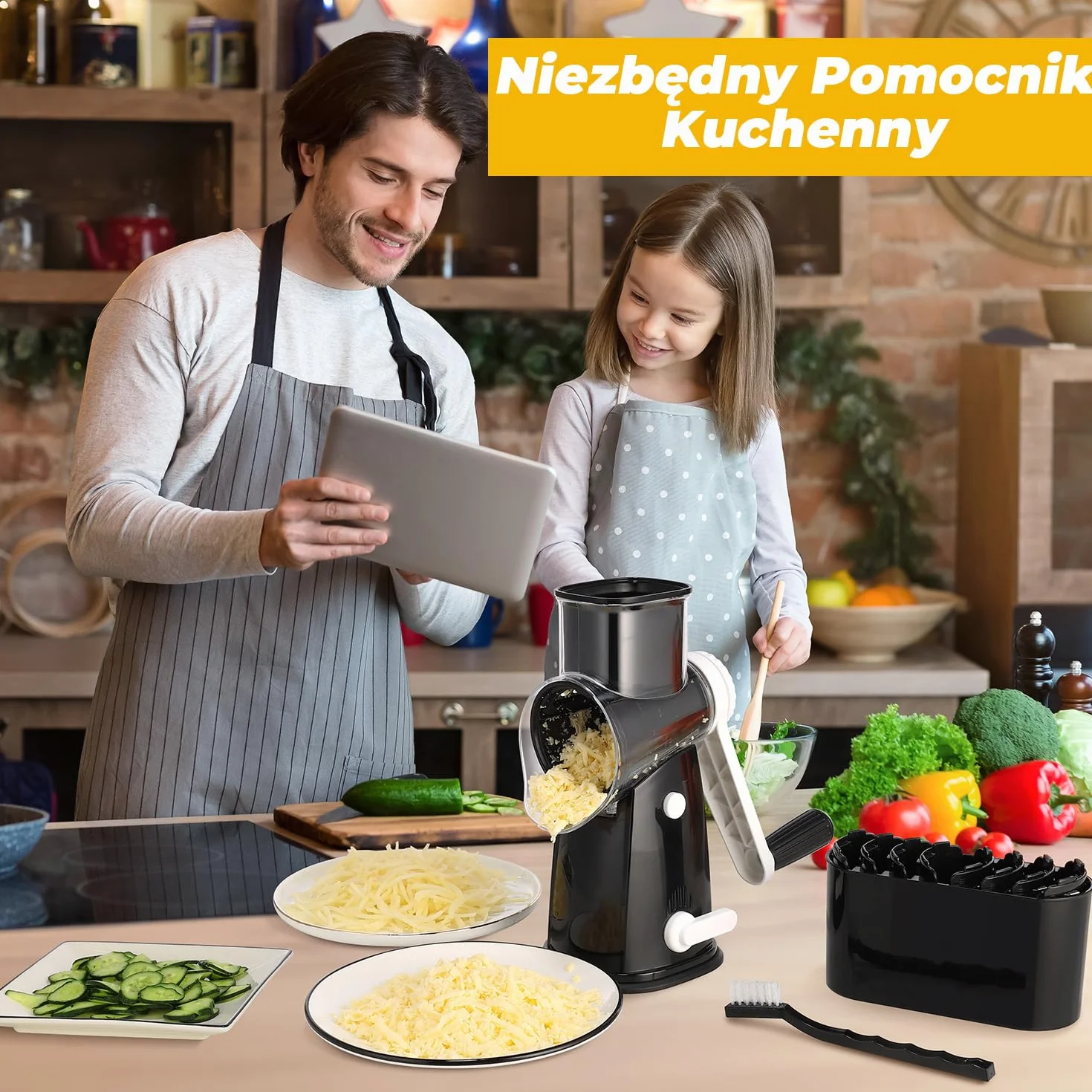 Tarka z kurbelką, tarka do warzyw z 5 wymiennymi bębenkami, tarka do warzyw idealna do sera, ogórków, marchewek, orzechów, tarka bębnowa umożliwiająca szybsze i łatwiejsze cięcie