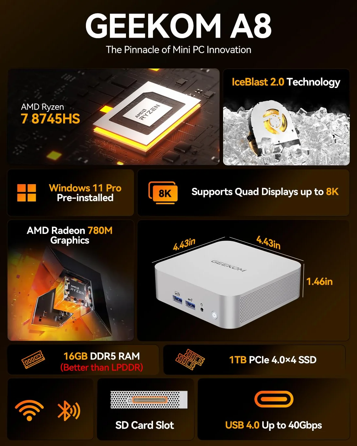 GEEKOM A8 Mini PC Windows 11 Pro, z AMD Ryzen 7 8745HS (do 5,1 GHz), wysoka prędkość 16 GB DDR5 RAM (do 128 GB) i 1 TB SSD, podwójny HDMI 4K przy 120 Hz Quad Display/WiFi 6E/USB4/6×USB do gier