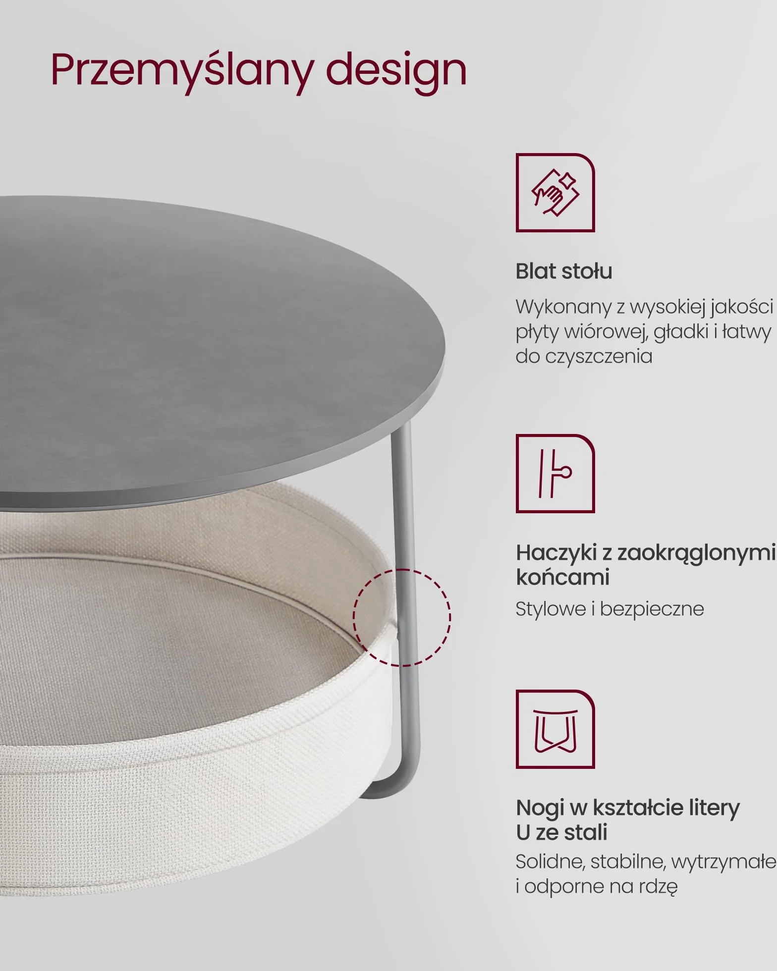 VASAGLE Okrągły stolik kawowy z materiałowym koszem, metalowa rama, cementowo-szary i kremowo-biały LCT244G01
