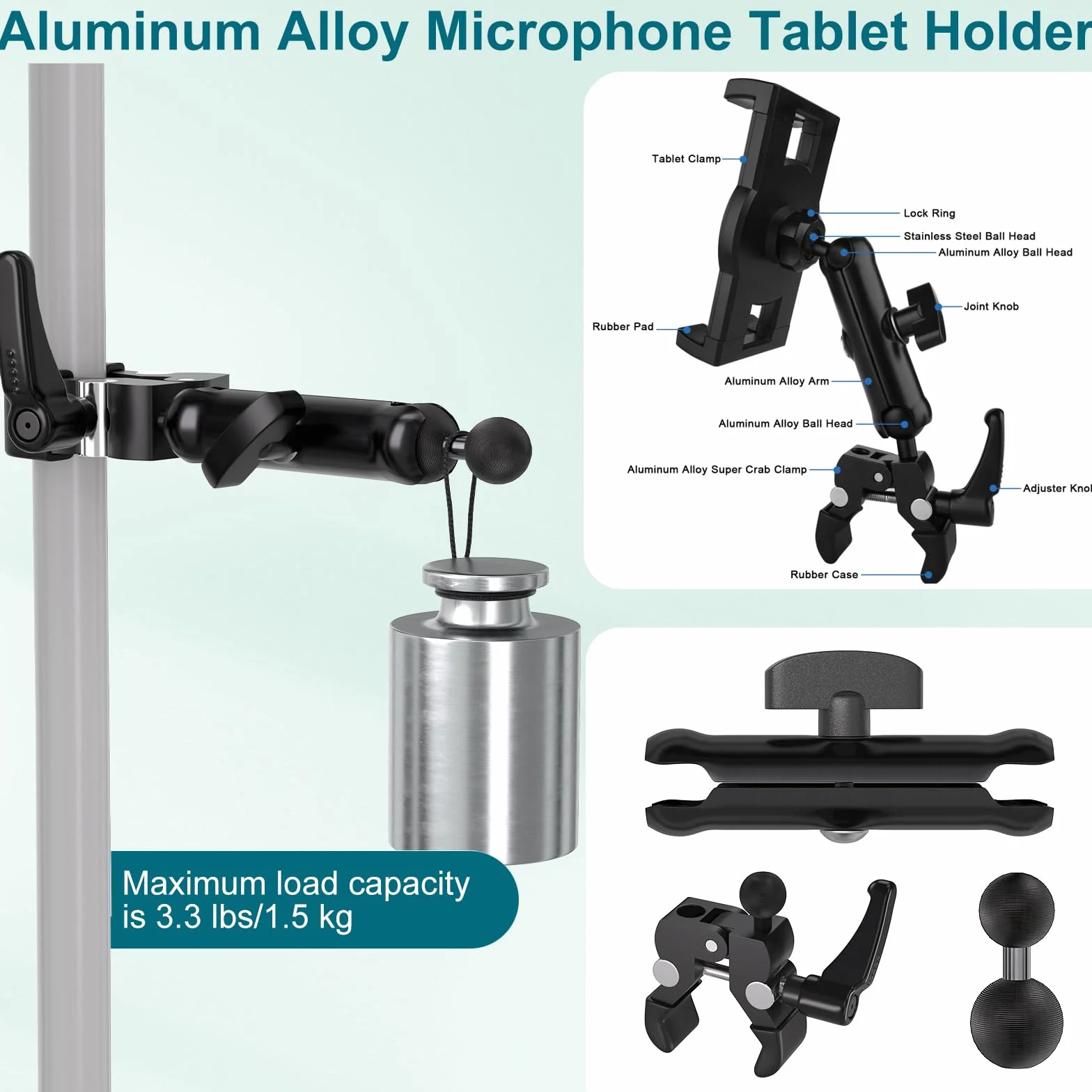 Mippko Uchwyt na tablet do stojaka mikrofonowego, stojak muzyczny, uchwyt na iPada, regulacja 360°, ramię ze stopu aluminium, super krab, kompatybilny z iPadem 4.7~32.8 cm iPad/Nexus/LG G Pads