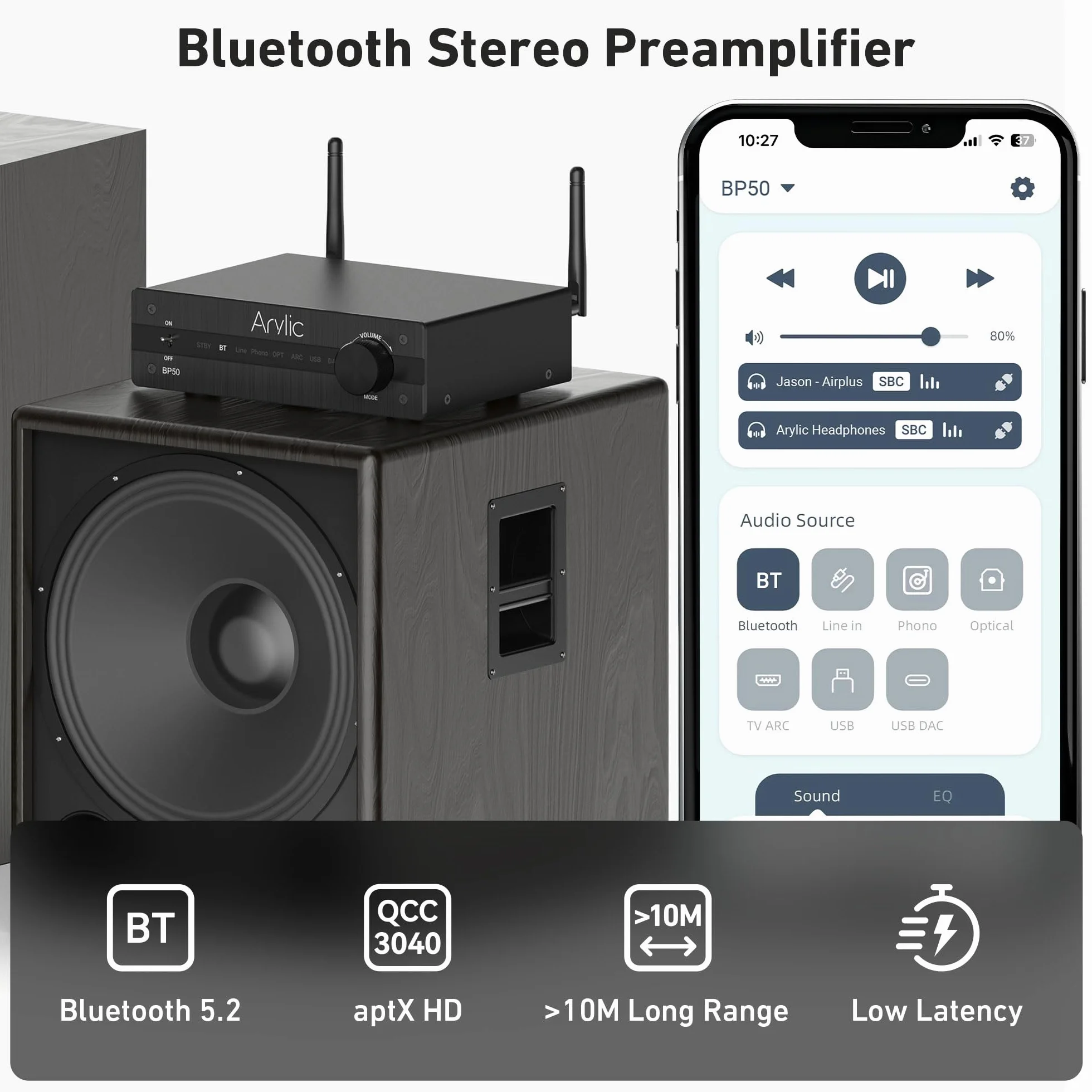 Arylic BP50 Bluetooth 5.2 aptX Domowy przedwzmacniacz audio z HDMI ARC, wejście Phono i GO Control APP Adapter audio z DAC, wyjścia RCA dla odbiornika AV.