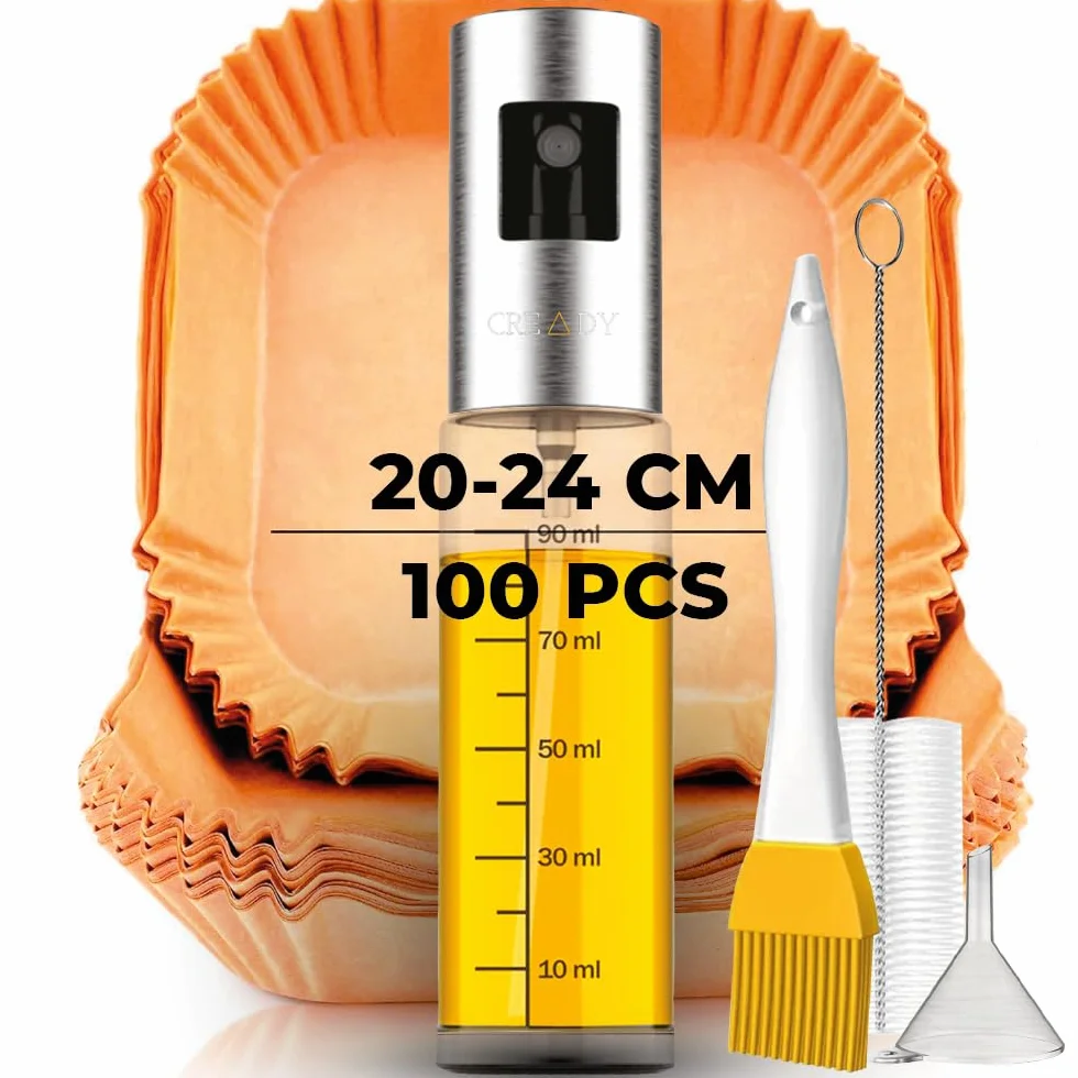 CREADY Jednorazowe wkładki do frytkownicy powietrznej, 100 sztuk, bardzo grube, 18-25 cm, spray olejowy, akcesoria do frytkownicy powietrznej, jednorazowe wkładki do frytkownicy powietrznej, wkładki