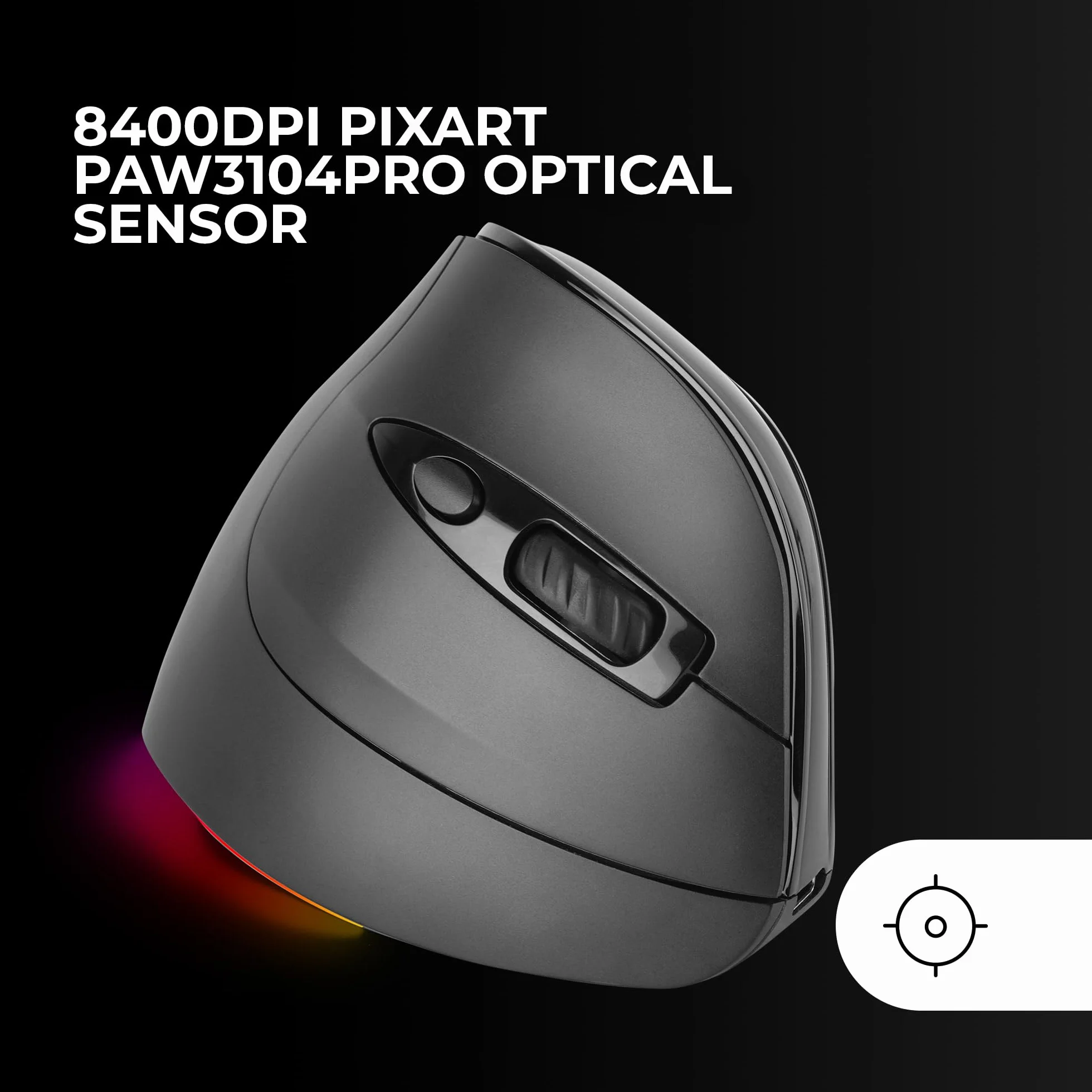 Mars Gaming MM-SK, Bezprzewodowa Pionowa Mysz Gamingowa, Ergonomiczny Design, RGB Chroma, Optyczny Sensor Pixart 8400DPI, Mechaniczne Przełączniki Huano, 9 Programowalnych Przycisków, Tri-Mode,Czarny