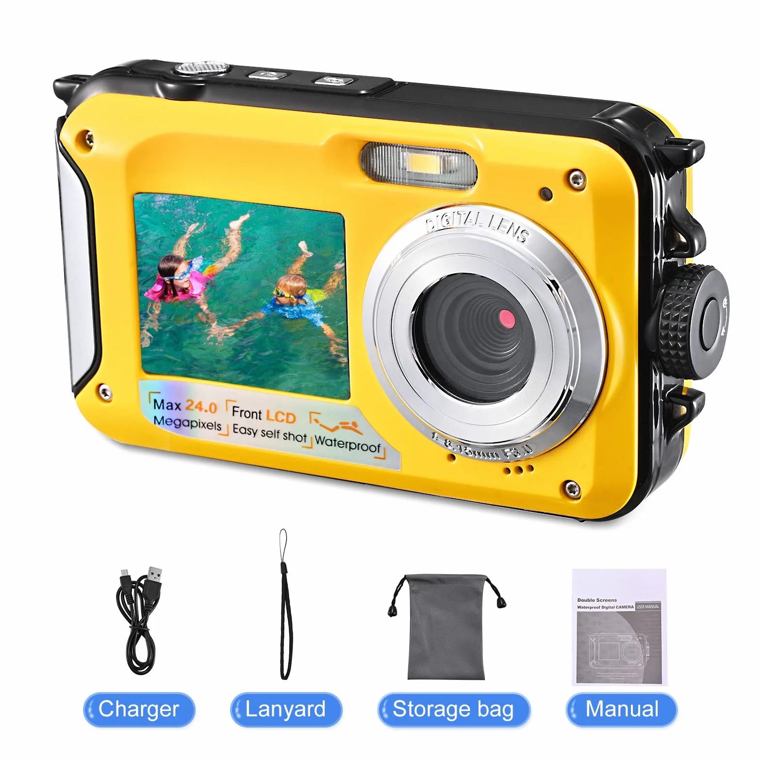 Aomdom Full HD 2,7K 48MP wodoodporna kamera do nurkowania z zoomem cyfrowym 16 x wodoodporna kamera z podwójnym ekranem Sport Camera z opóźniającym mikrofonem LED