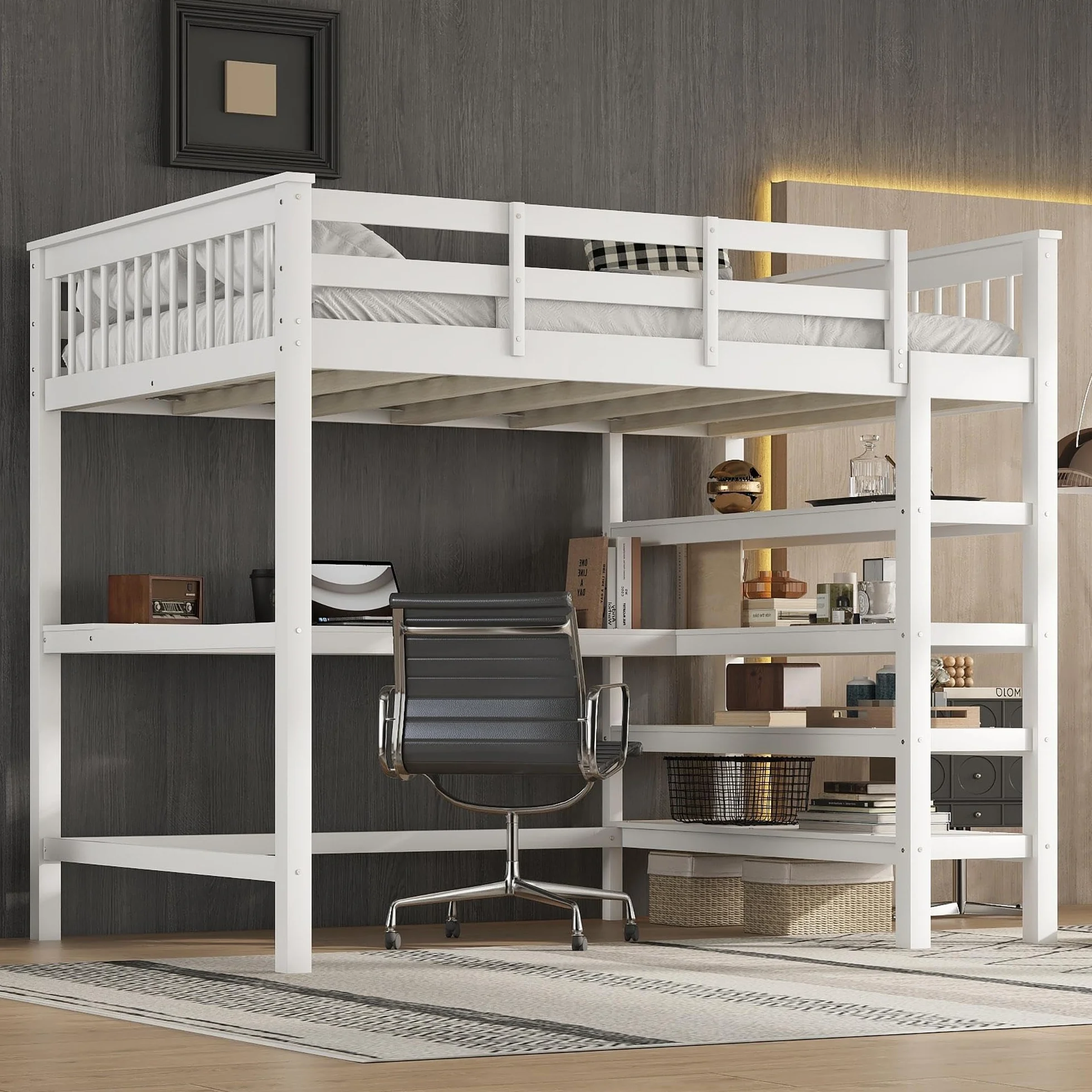 Łóżko piętrowe sosnowe MDF 140x200 cm z biurkiem i kieszeniami mocującymi białe szare