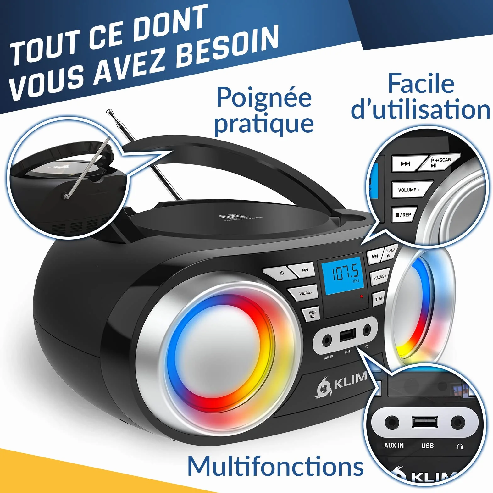 KLIM Boombox B3 + przenośny odtwarzacz CD + radio FM, CD, Bluetooth, USB, Bluetooth, MP3 + tryb przewodowy i bezprzewodowy z bateriami + ulepszona soczewka laserowa + NOWOŚĆ 2022