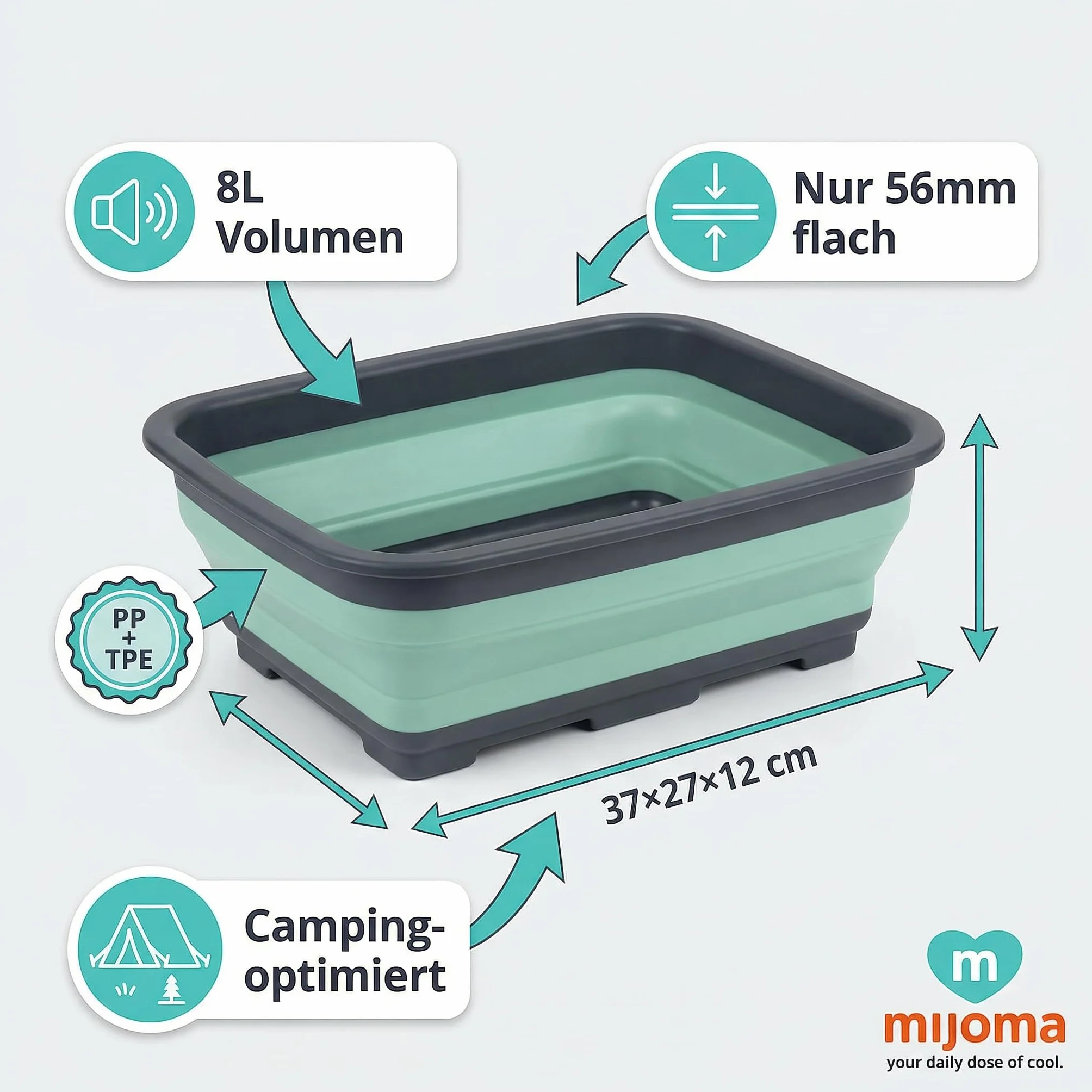 MIJOMA Składana miska do mycia 8 l 37 x 27 x 12 cm PP TPE kempingowa