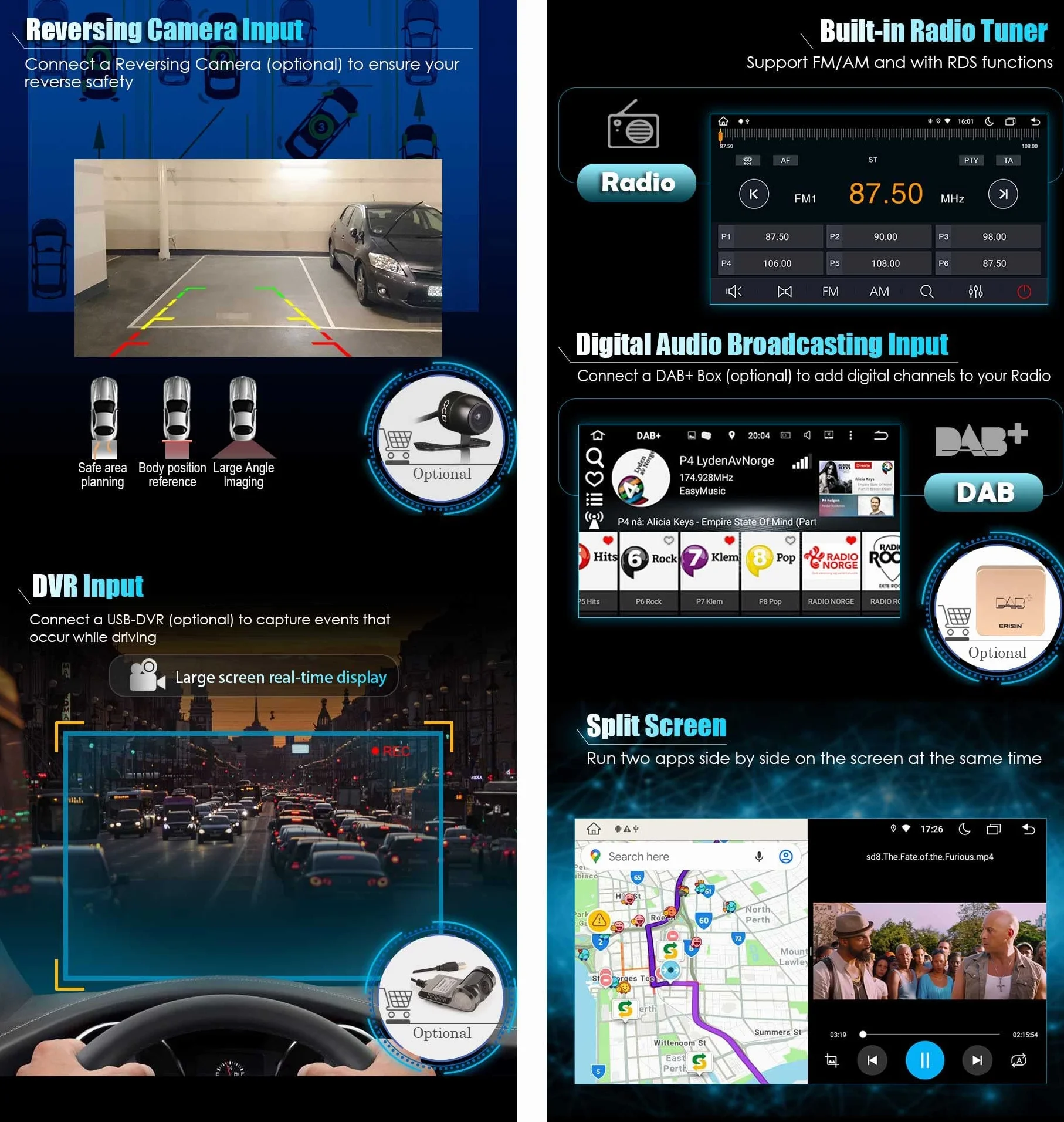 Erisin [4G + 64G] 8-rdzeniowe radio samochodowe z systemem Android 14 do Toyota Auris obsługuje nawigację GPS, Carplay, Android Auto DSP Bluetooth 5.0 A2DP SWC WiFi 4G DAB+OBD DVR