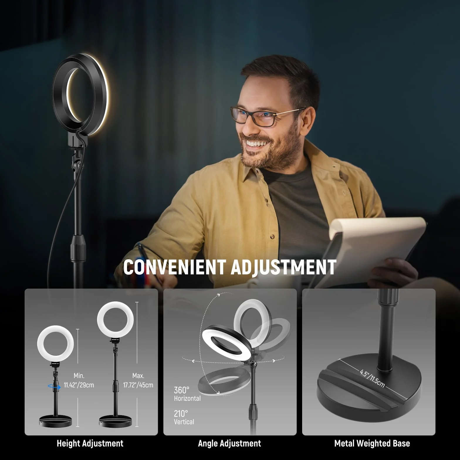 NEEWER BASICS Lampa pierścieniowa 5"/13cm do biurka z podstawą, uchwytem na telefon, 10W LED, lampa do selfie, kompatybilna z iPhone'em do nagrywania wideo, kamery internetowej, wideokonferencji