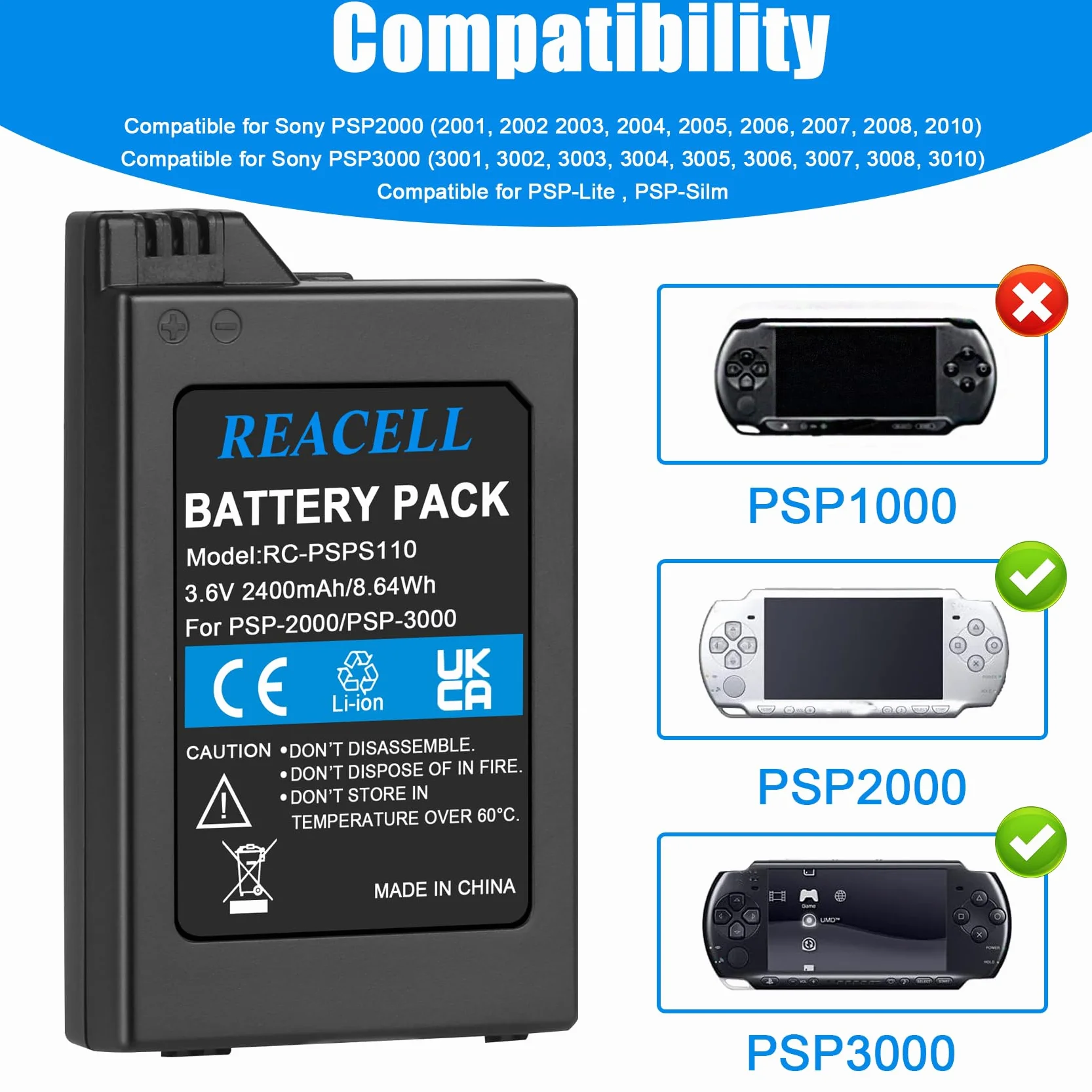 2400mAh 3.6V Zastępczy akumulator do PSP-S110 Kompatybilny z PSP-S110, PSP-2001, PSP-3000, PSP-3004, PSP-3001, PSP-3002