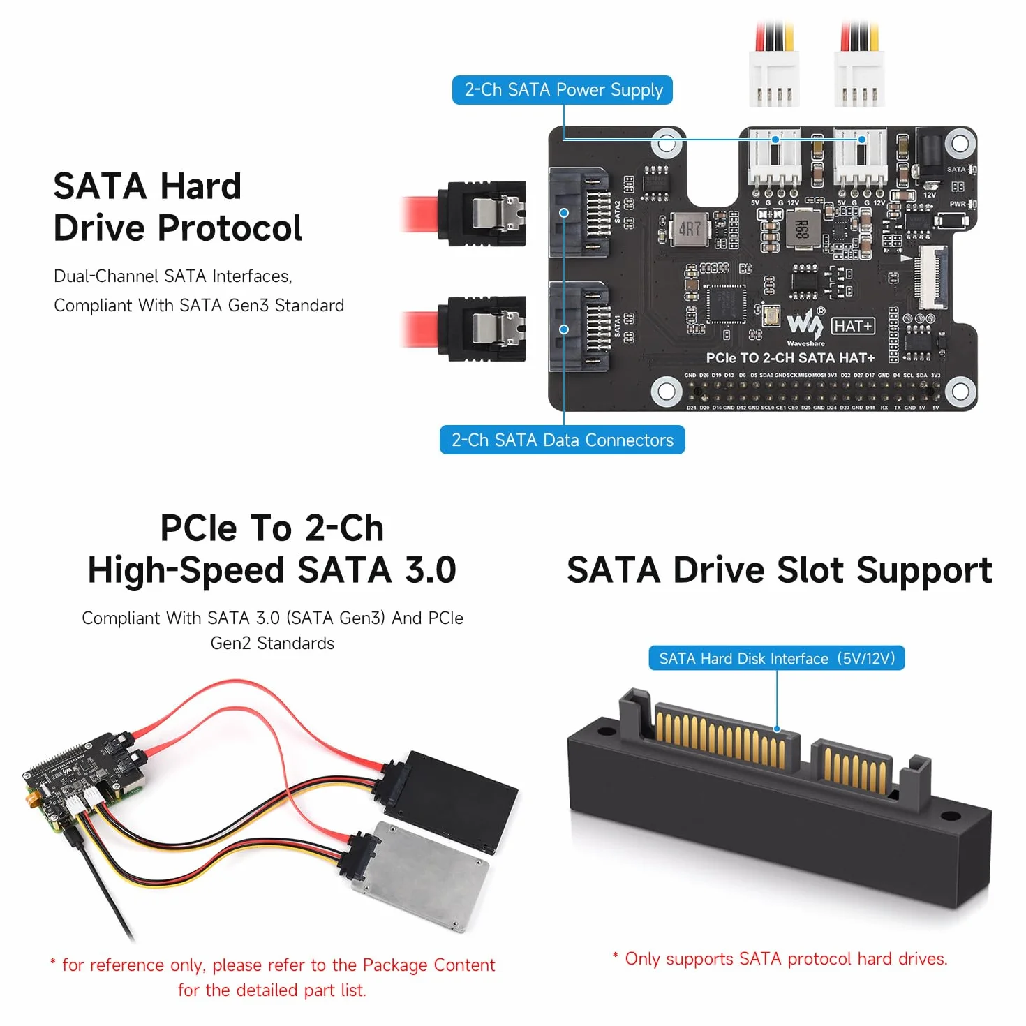Waveshare PCIe To 2-Ch SATA Adapter For Raspberry Pi 5, Supports SATA Hard Drive Protocol, Onboard Dual LED Indicators And EEPROM, HAT + Standard, Driver-Free, Plug And Play