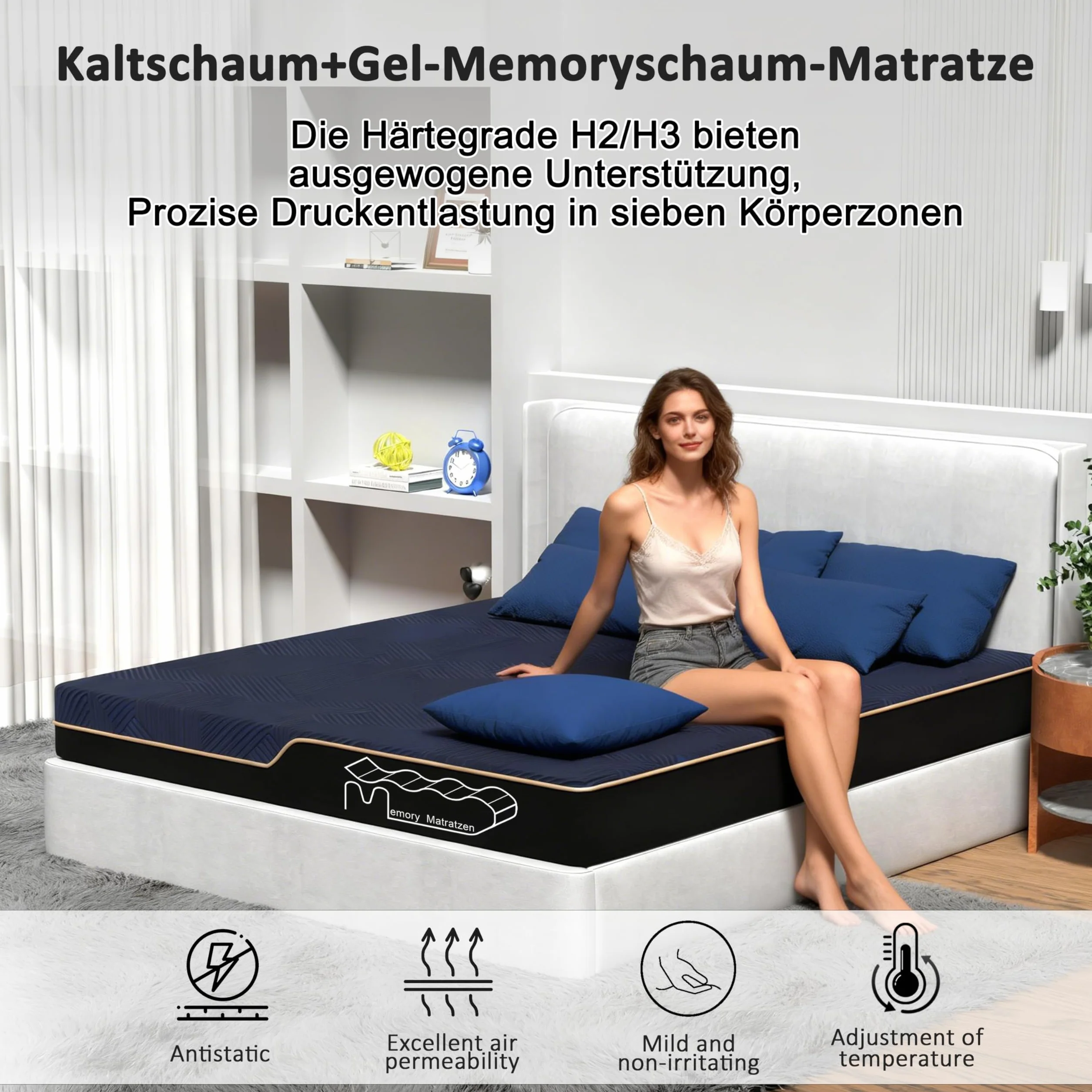 Materac 140x200 cm H3 Zimna Pianka Żelowy Pamięć Kształtu 7-Strefowy Pokrowiec