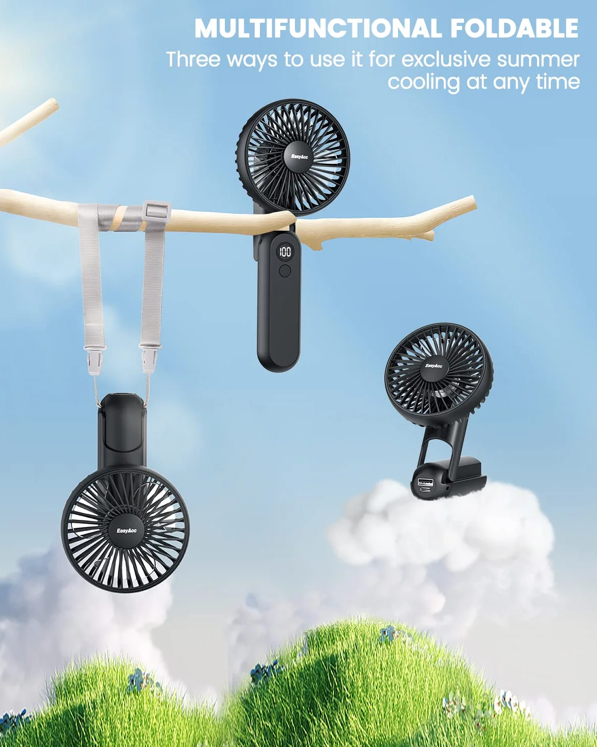 EasyAcc Przenośny mini wentylator ręczny, 5 prędkości, 18 godzin, cyfrowy wyświetlacz, USB, mały akumulator, składany, ręczny wentylator do podróży, biura, domu, na zewnątrz