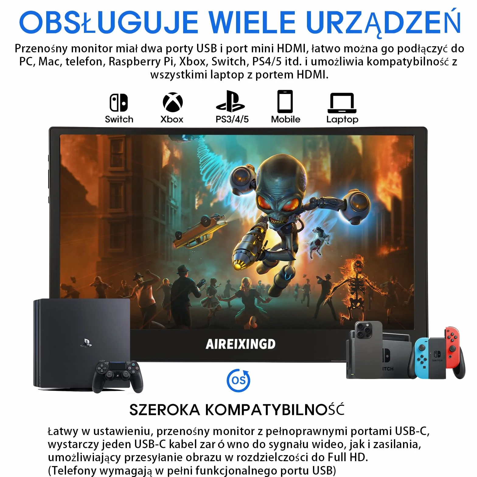 Przenośny monitor, 11,6" 1920×1080 FHD IPS przenośny ekran do laptopa ze stojakiem,montaż VESA, drugi ekran do laptopa/PC/Mac/PS5/Xbox - złącze USB C i HDMI [Klasa energetyczna A]